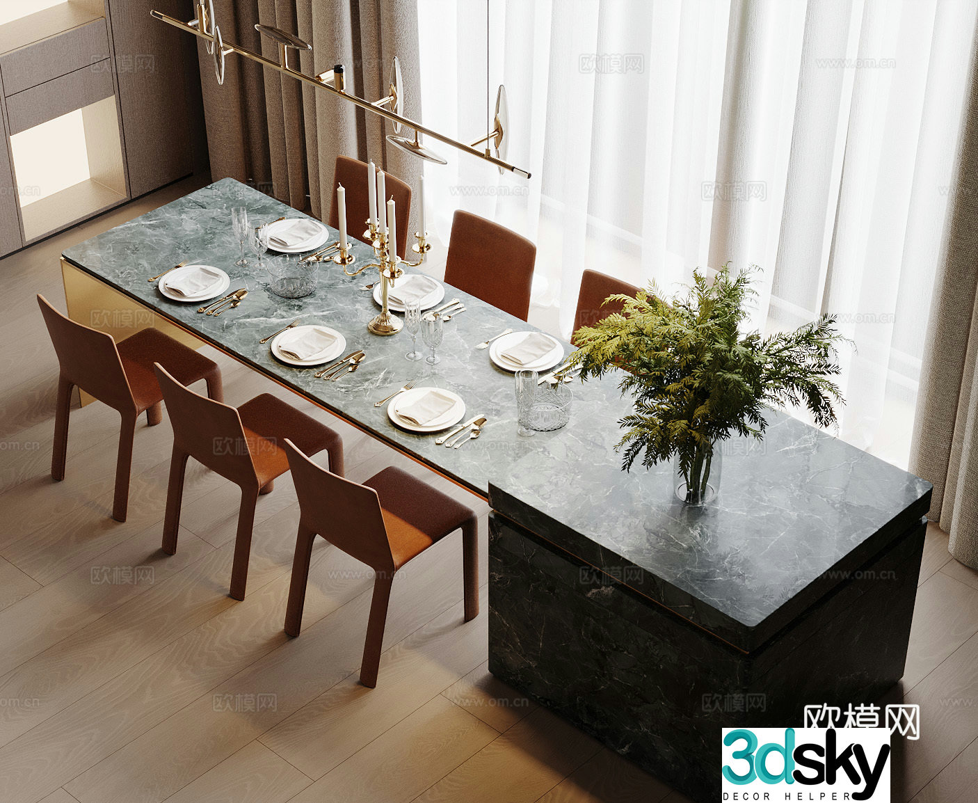 Modern island dining table and chairs 3d model