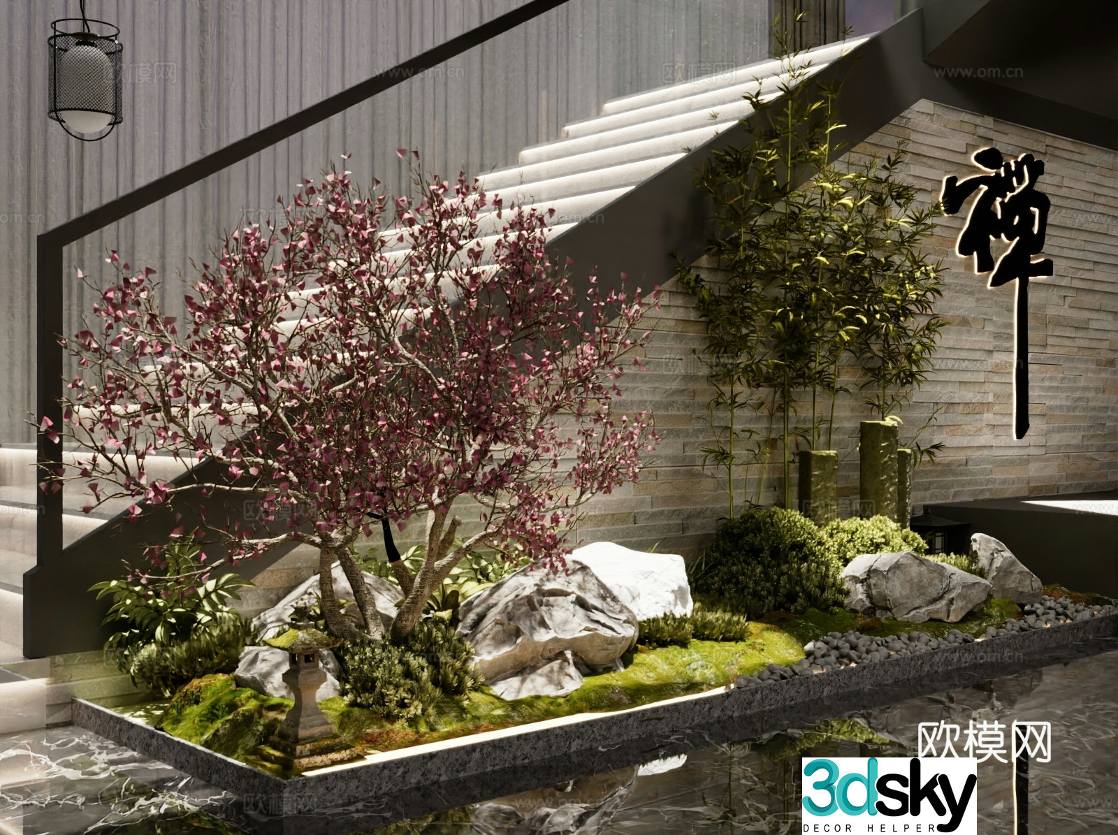 New Chinese style interior landscape staircase landscape 3d model