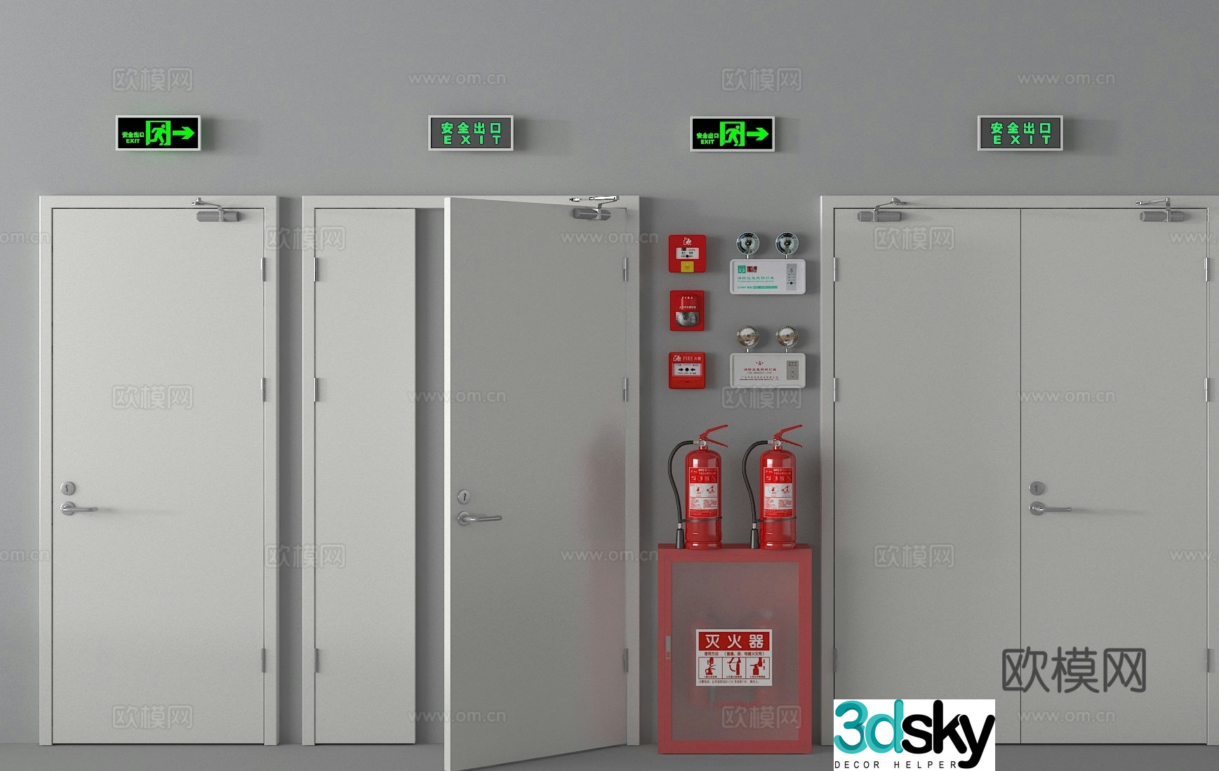 Safety door fire door fire hydrant fire extinguisher emergency lighting 3d model