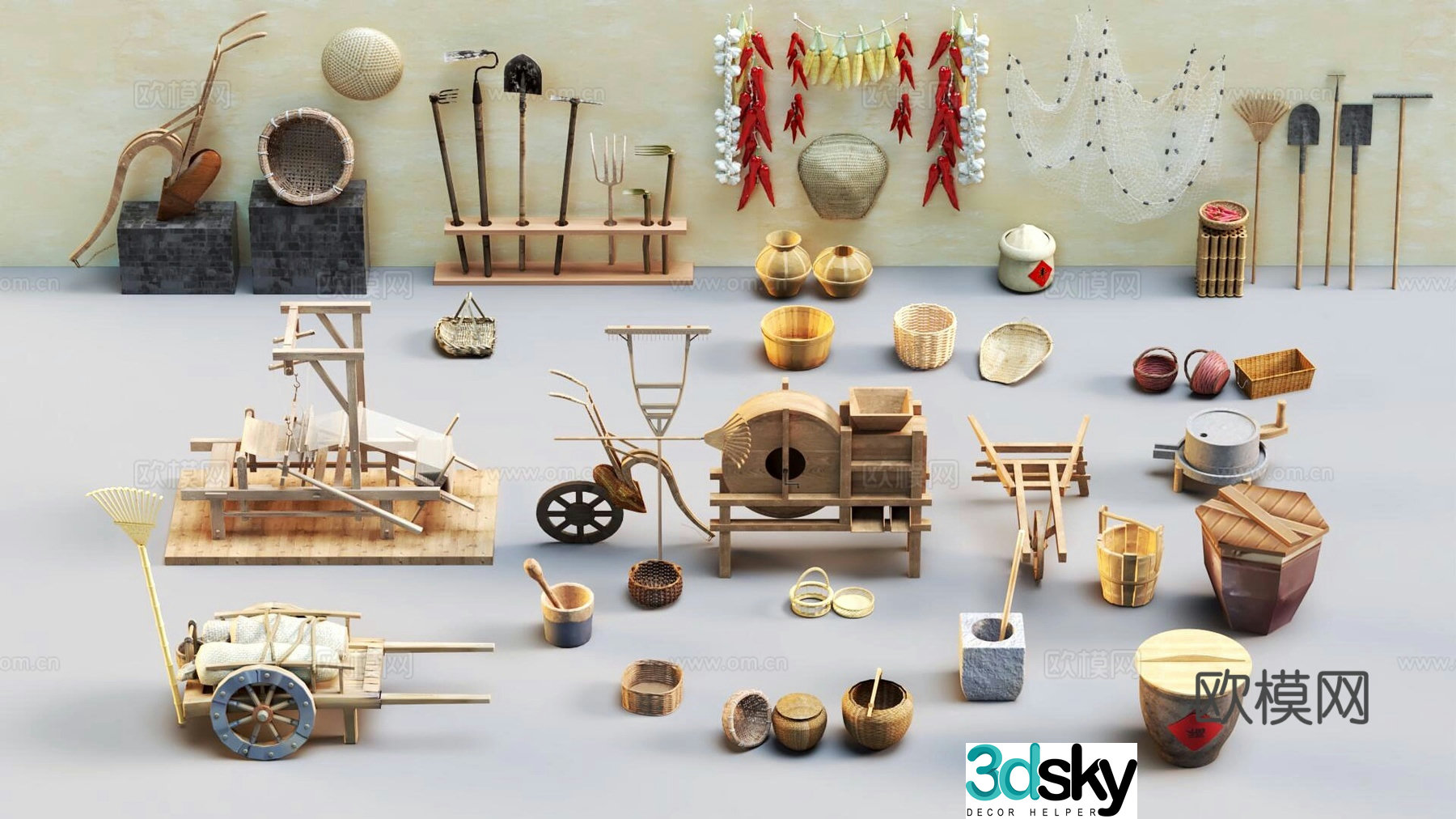 Farm tools combination folk sketch 3d model