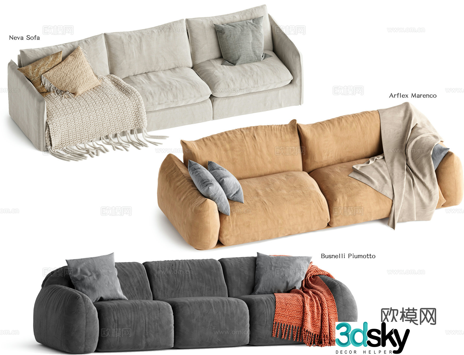 French three-seat sofa tofu block sofa 3D model