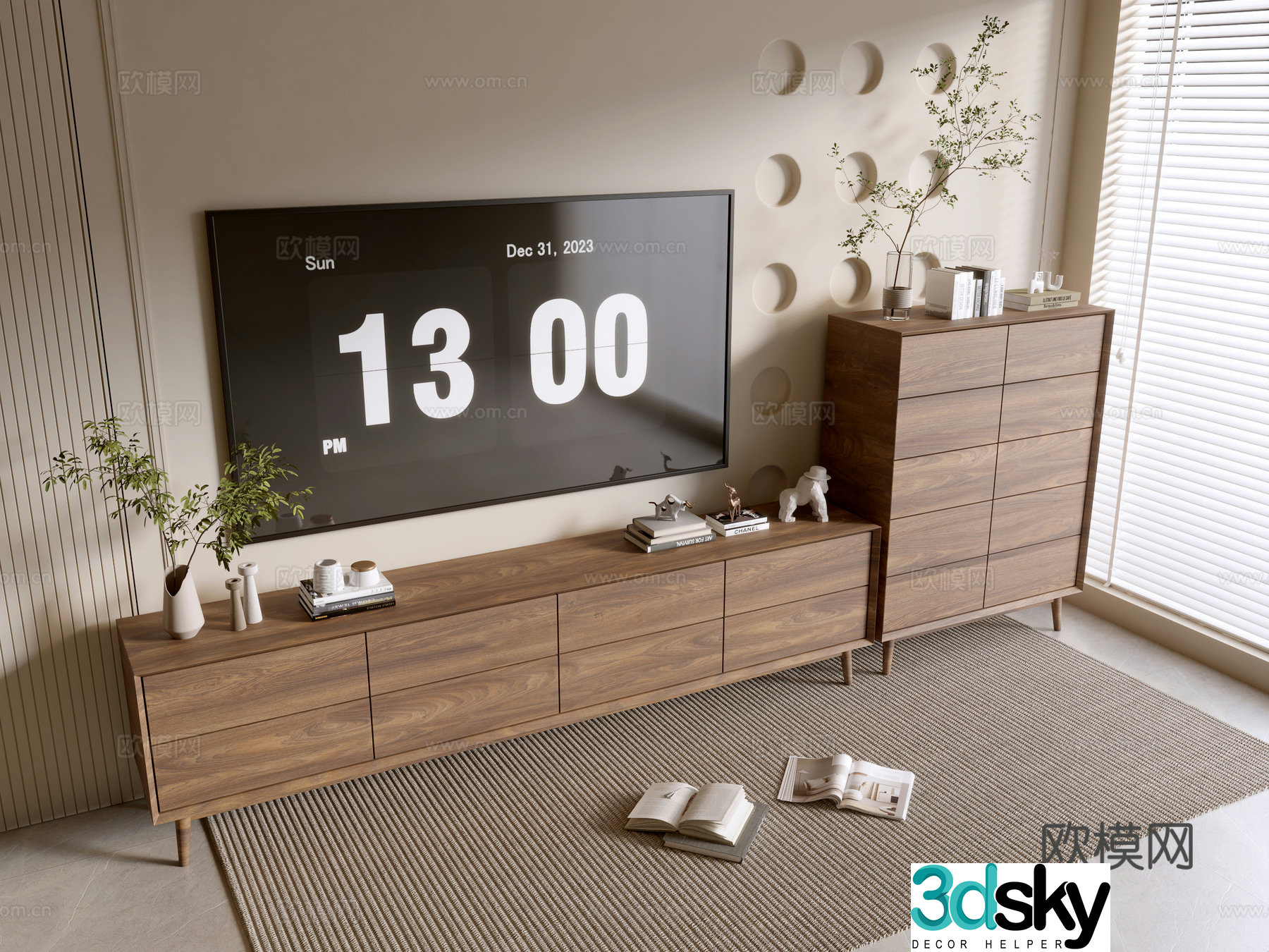 Modern wood grain TV cabinet side cabinet 3D model