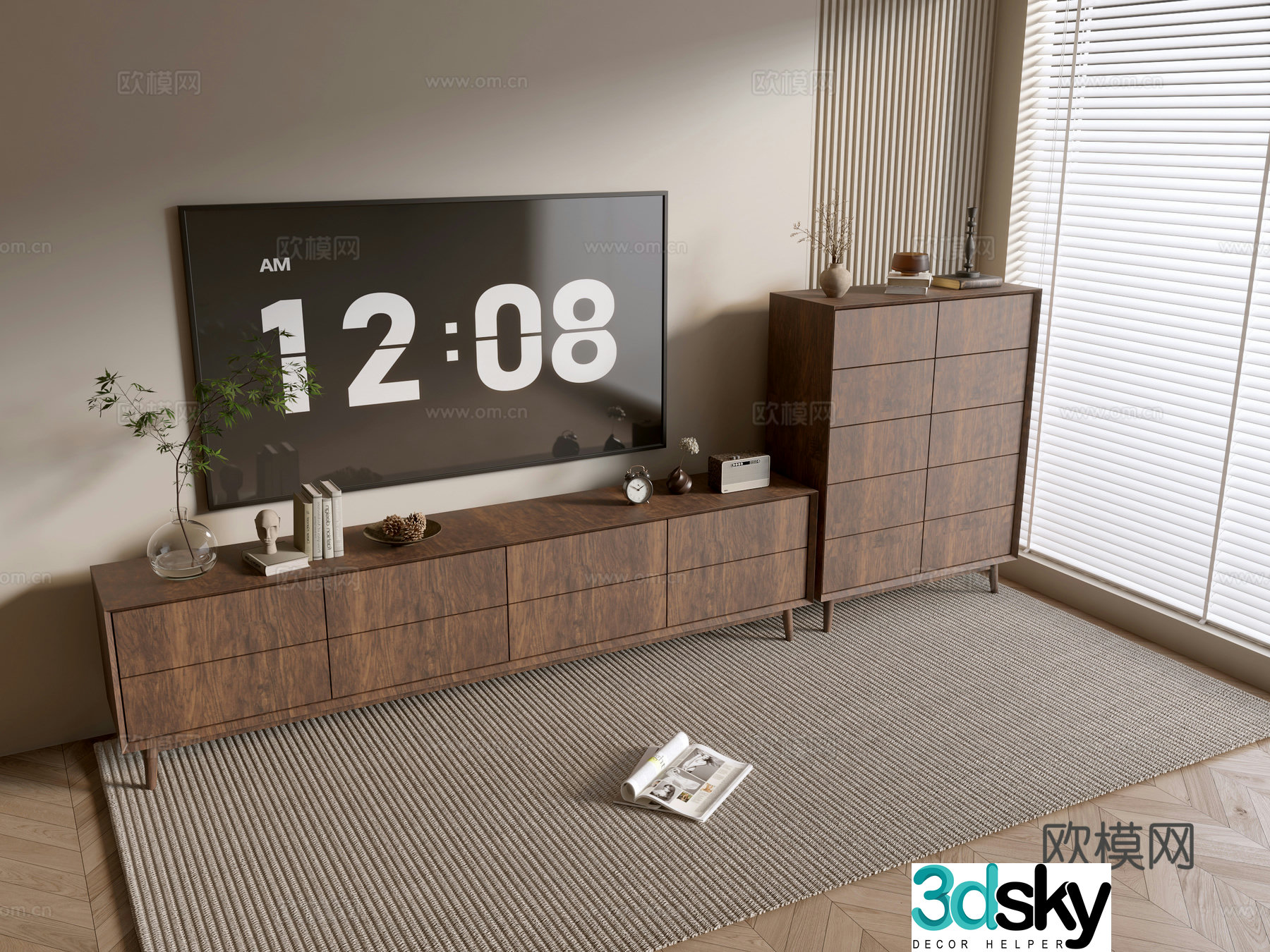 Log style wood grain TV cabinet chest 3D model