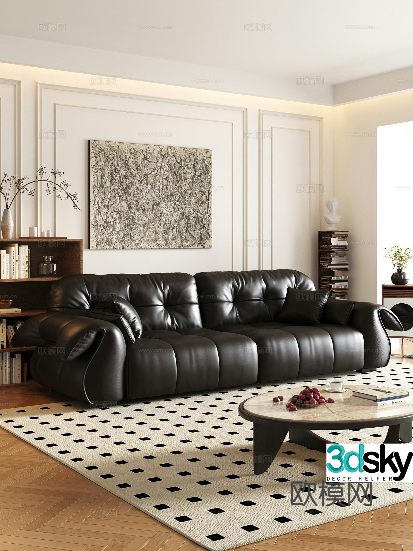Modern double sofa coffee table leather sofa 3d model