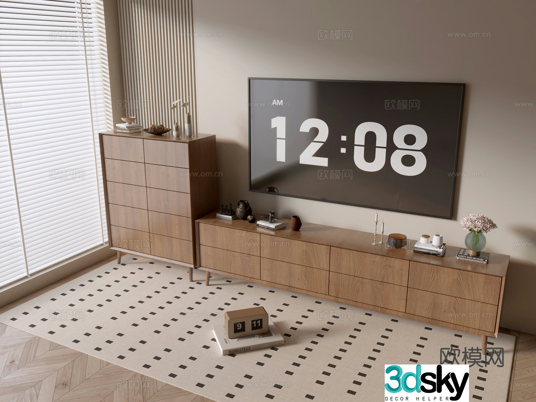 Log style chest wood grain TV cabinet 3D model