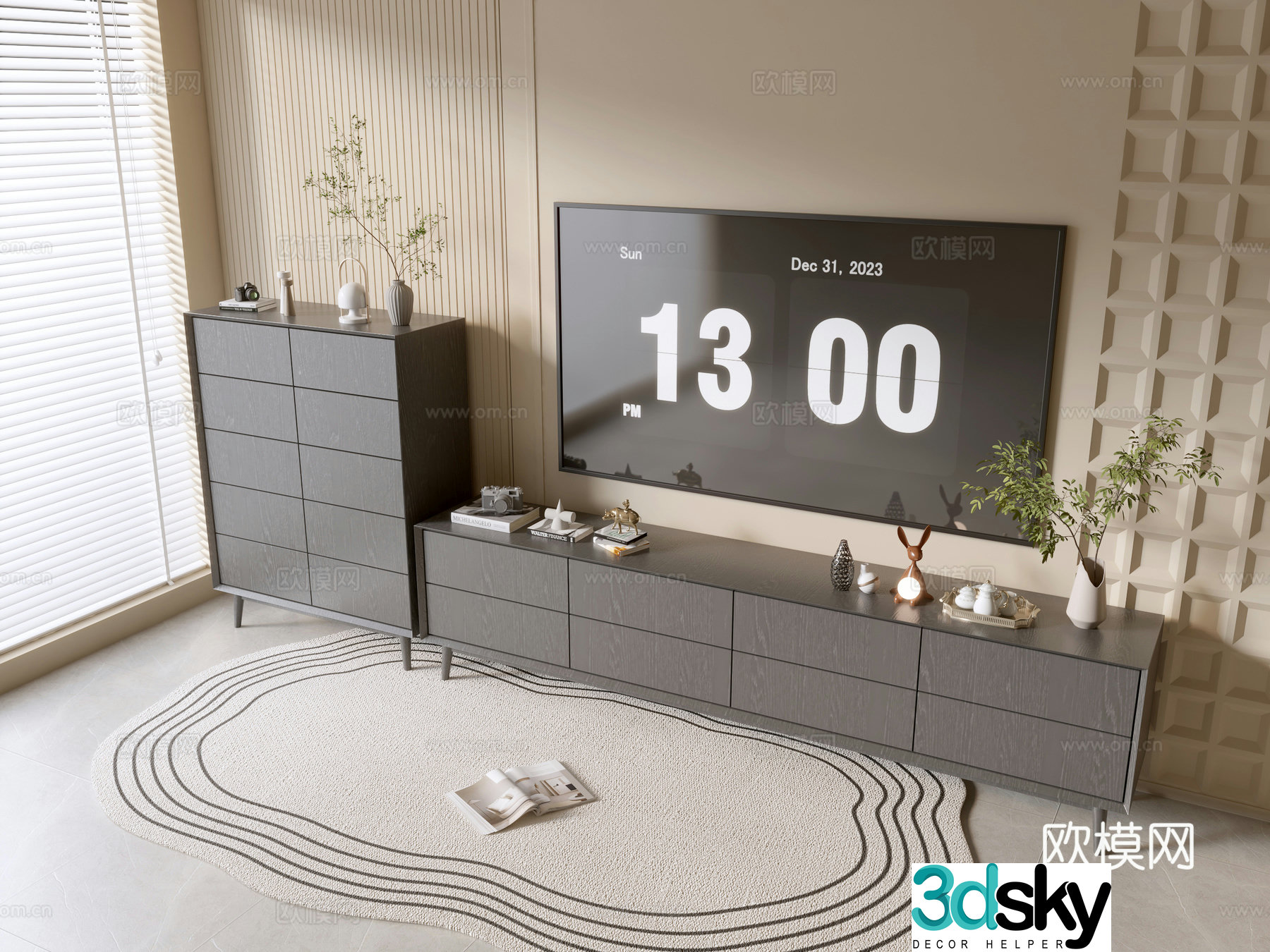 Modern black wood grain chest TV cabinet 3D model