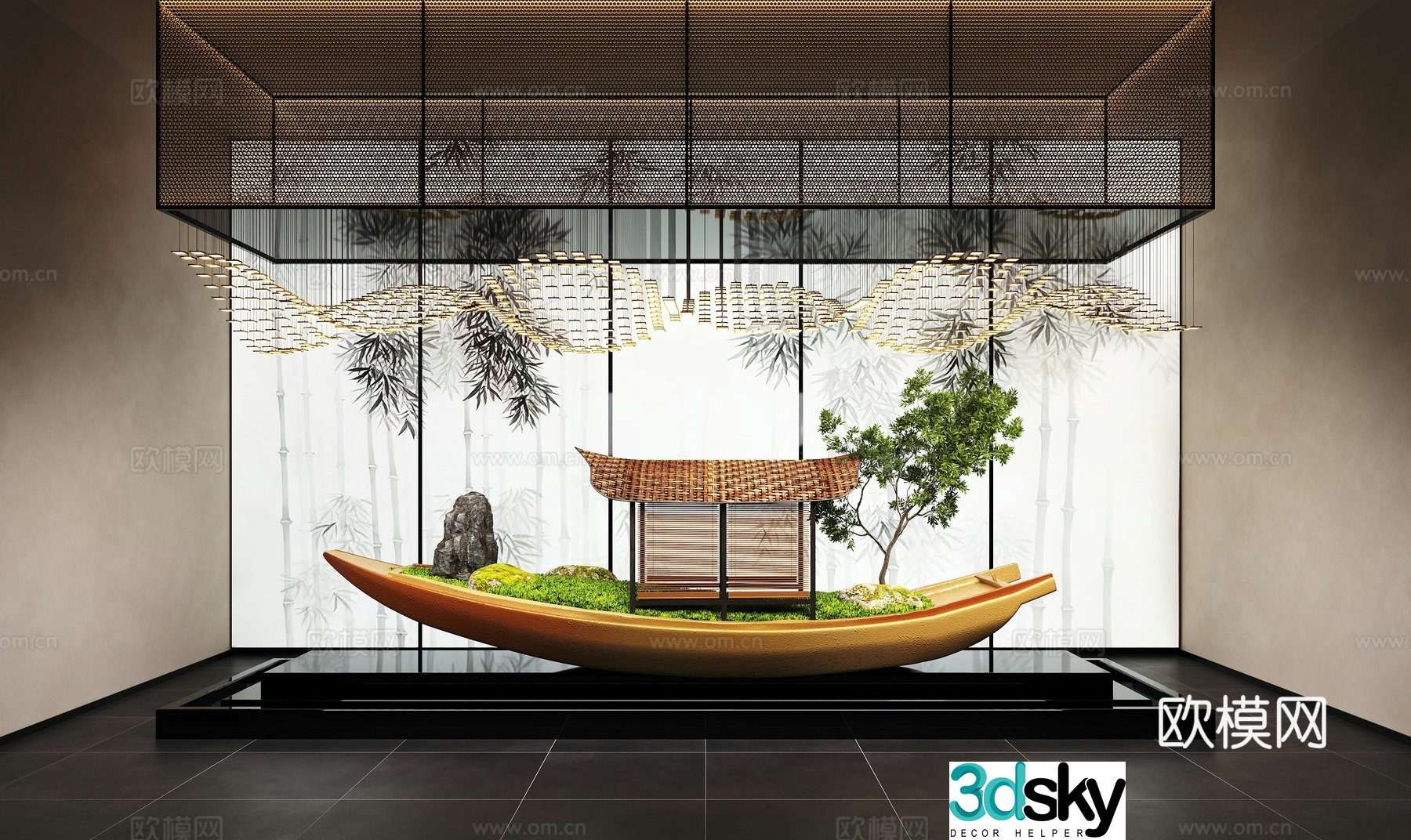 New Chinese style interior landscape landscape installation ship art installation 3d model