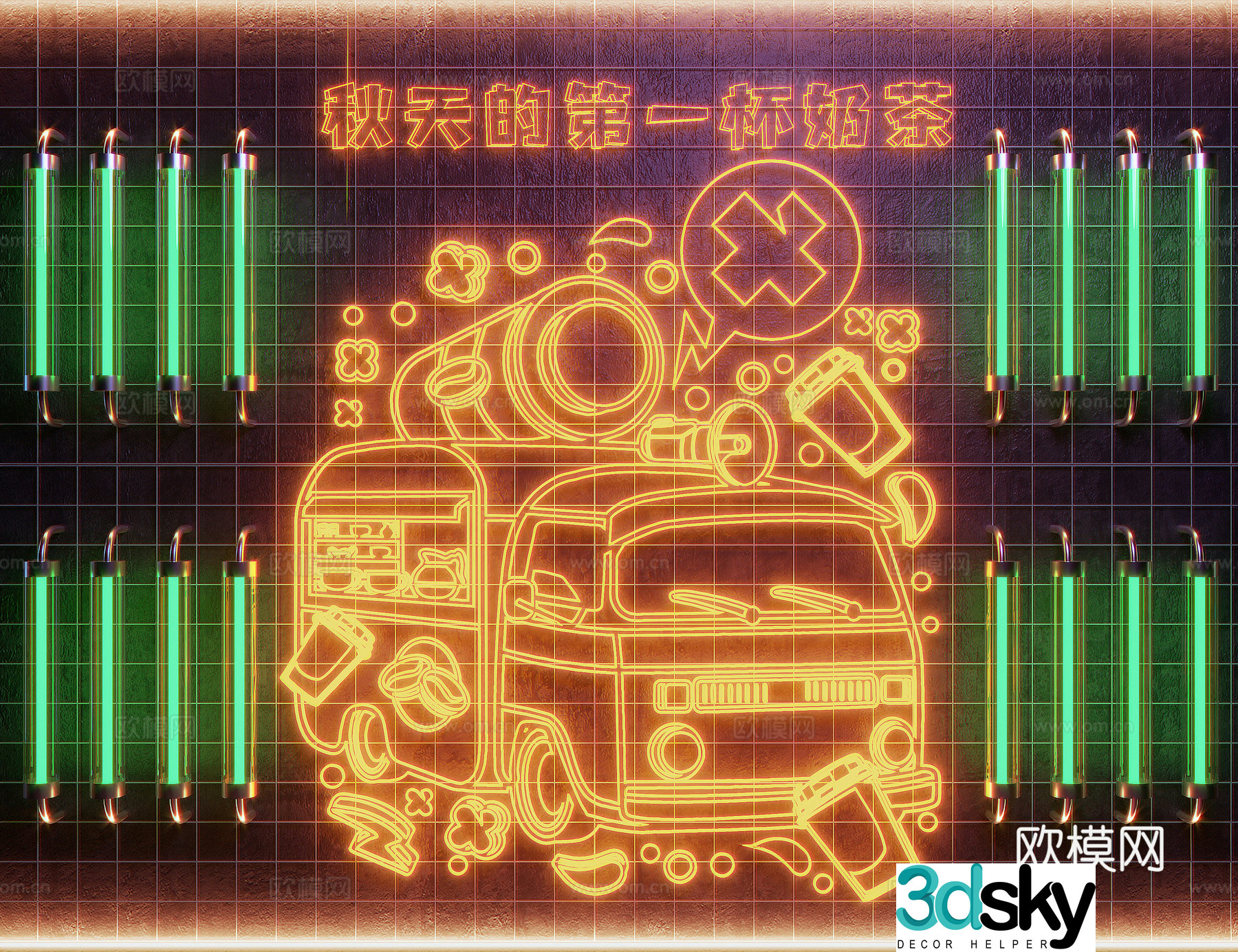 Modern milk tea shop neon lights decorative neon lights background internet celebrity check-in wall 3D model