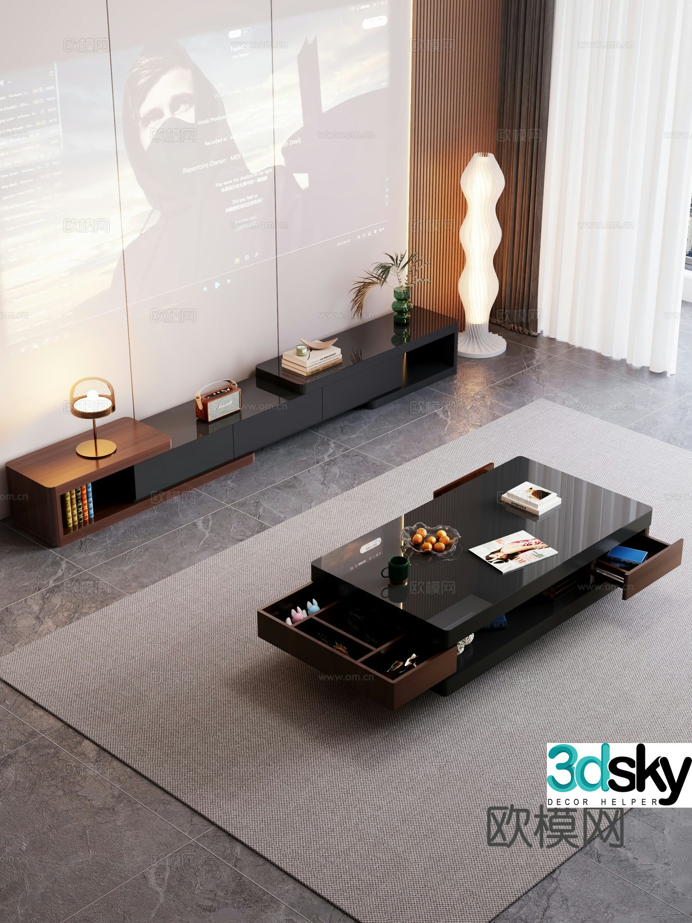 Painted coffee table retractable TV cabinet 3D model