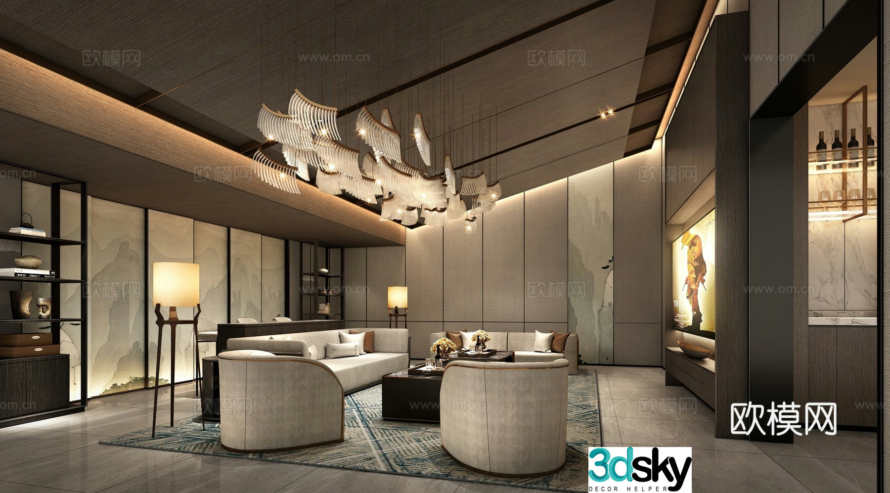 New Chinese-style audio-visual room 3d model of villa audio-visual room