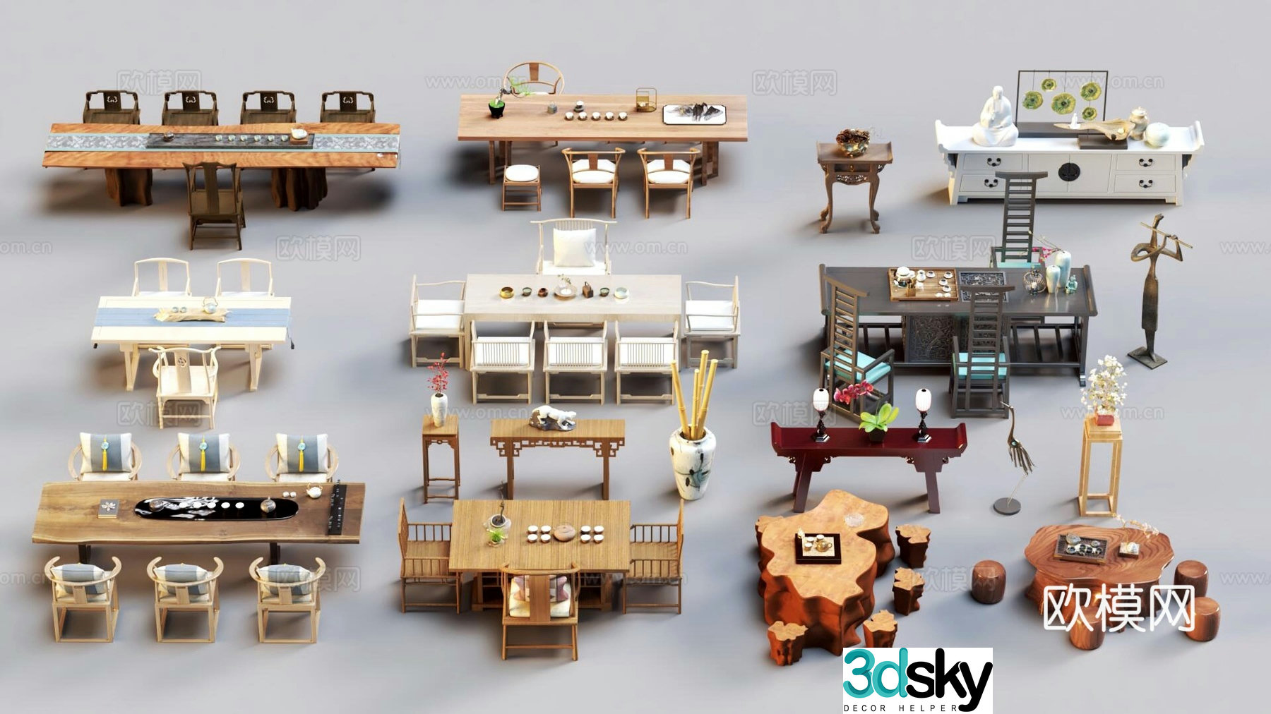New Chinese tea table and chairs 3d model