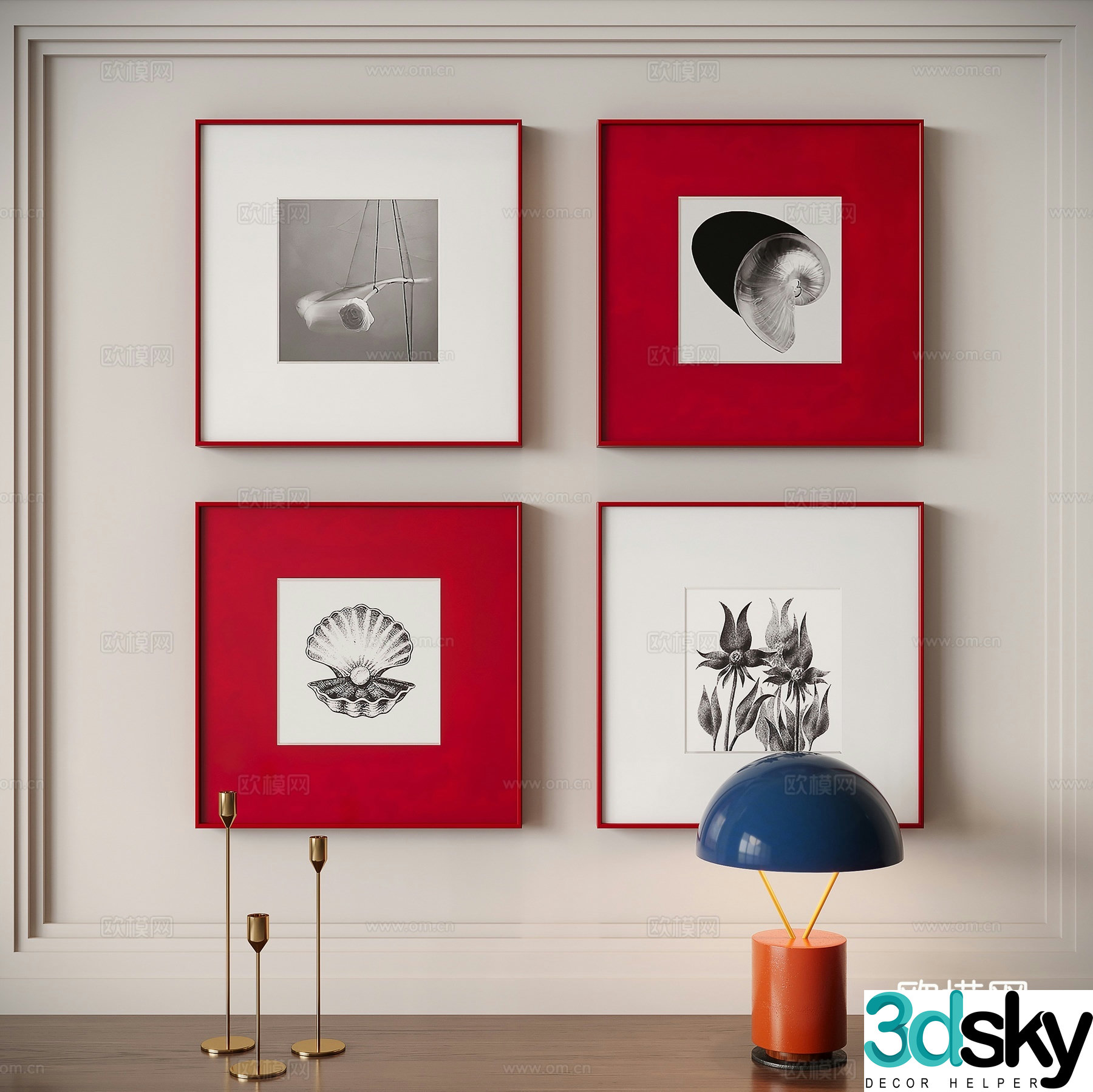 Red minimalist painting decorative painting combined painting 3d model