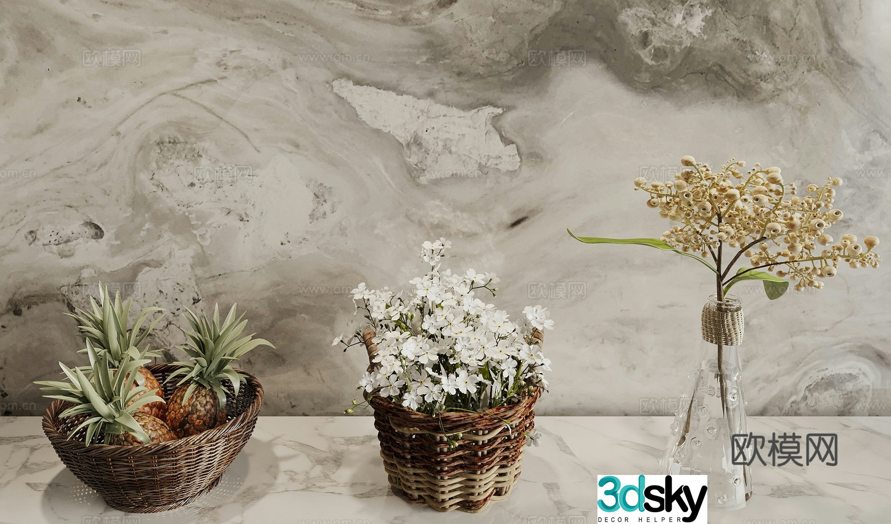 Living room floral ornaments glass vase ornaments flower basket 3D model