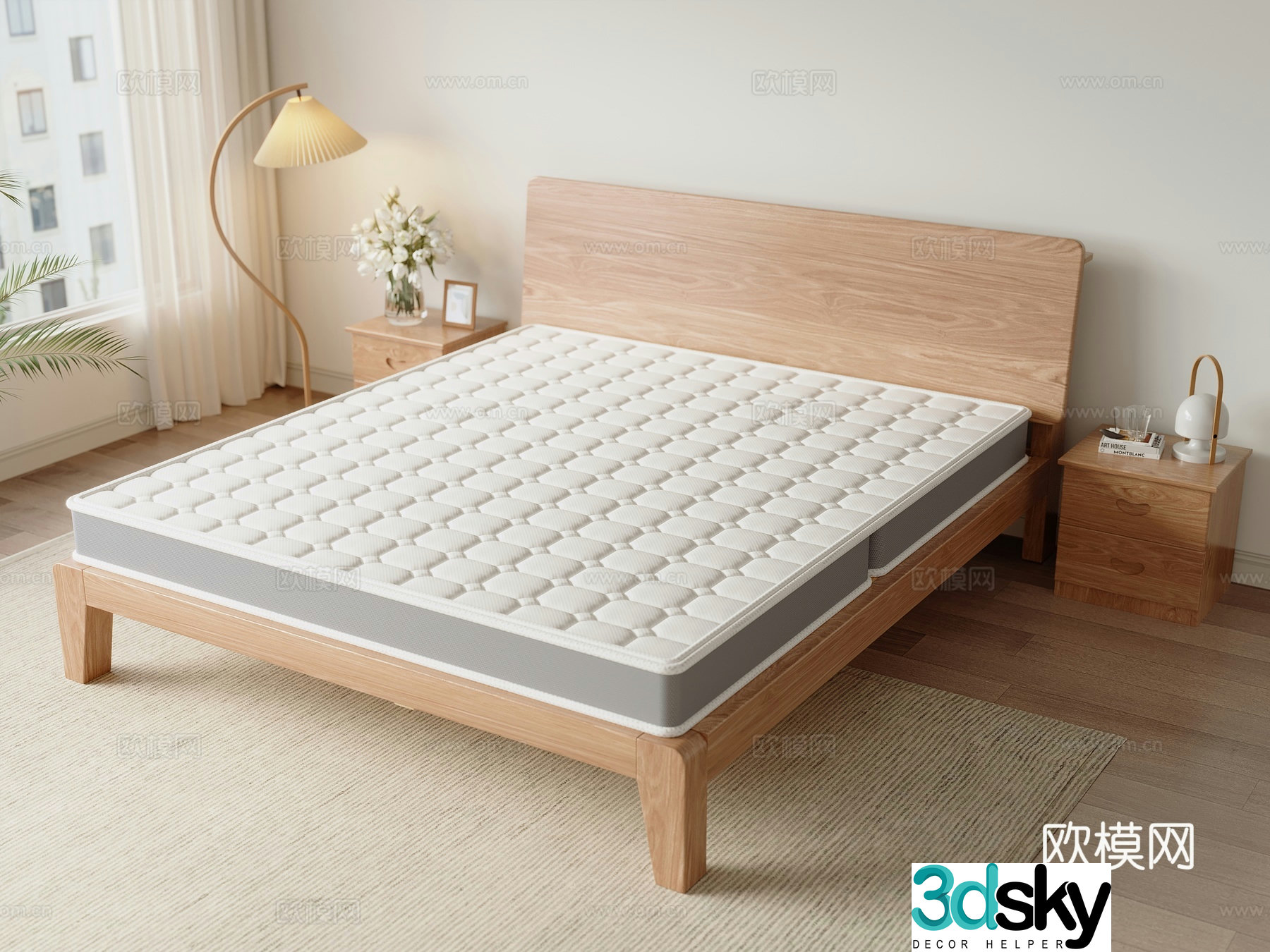 Solid wood double bed Simmons spring mattress 3d model