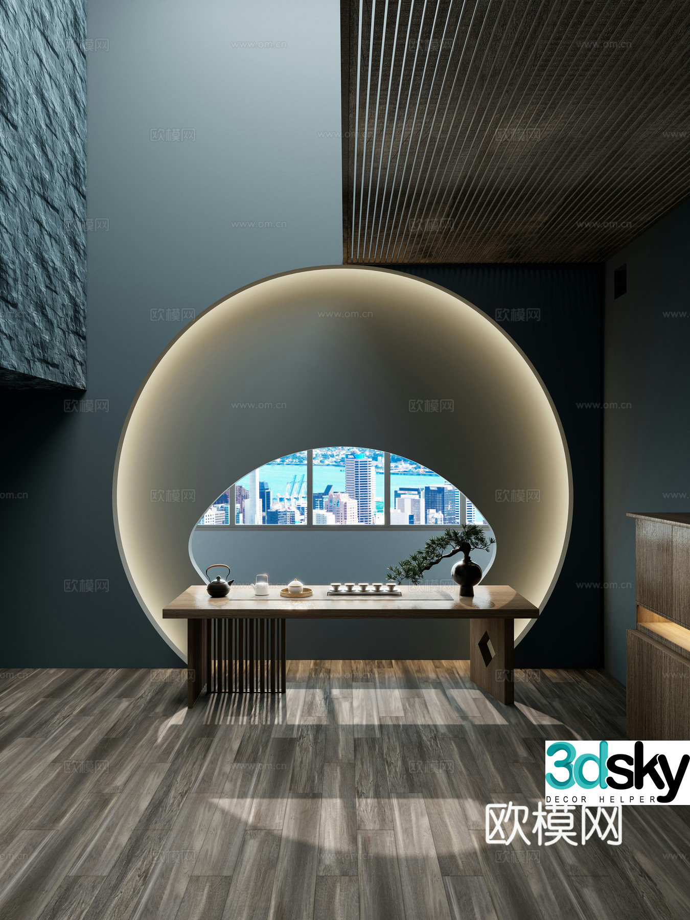New Chinese tea table and chairs Moon Cave background wall 3D model