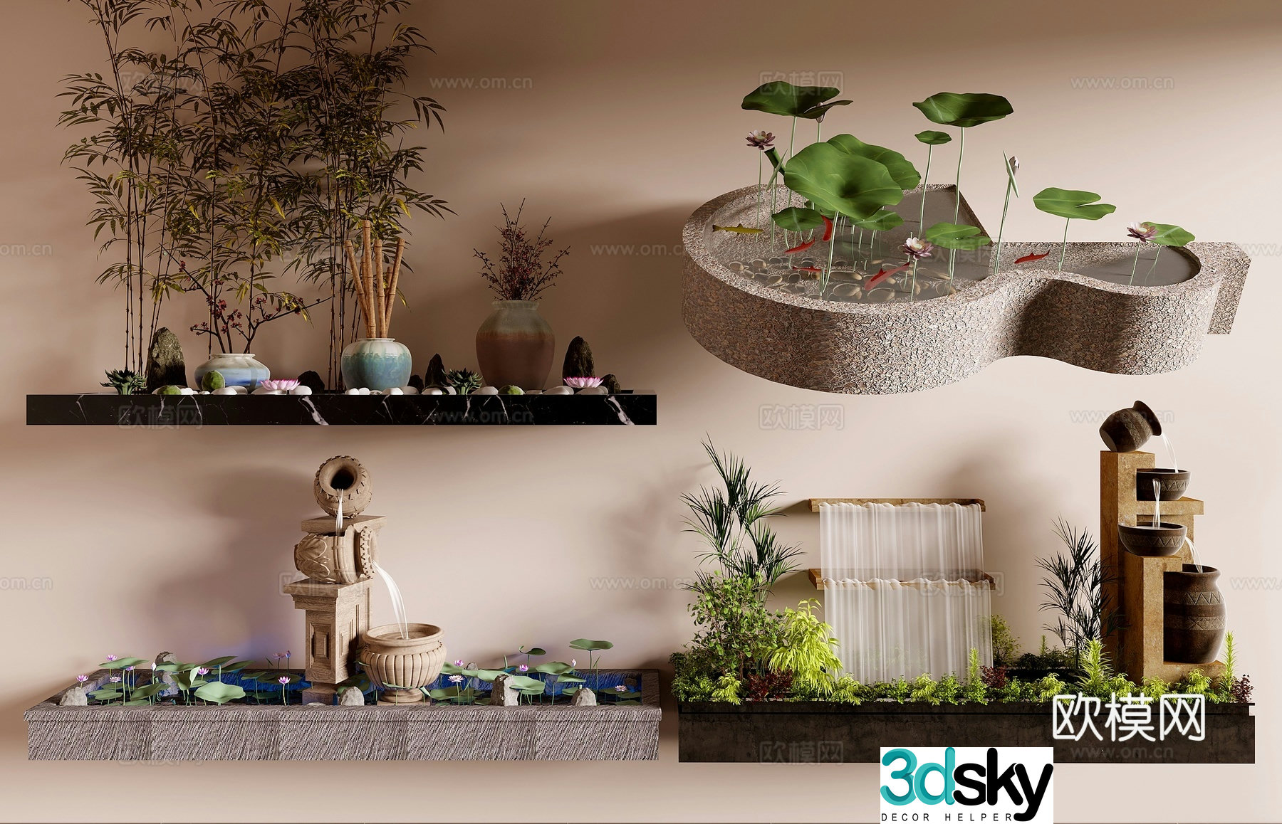 New Chinese style lotus pond sketch flowing water landscape 3D model