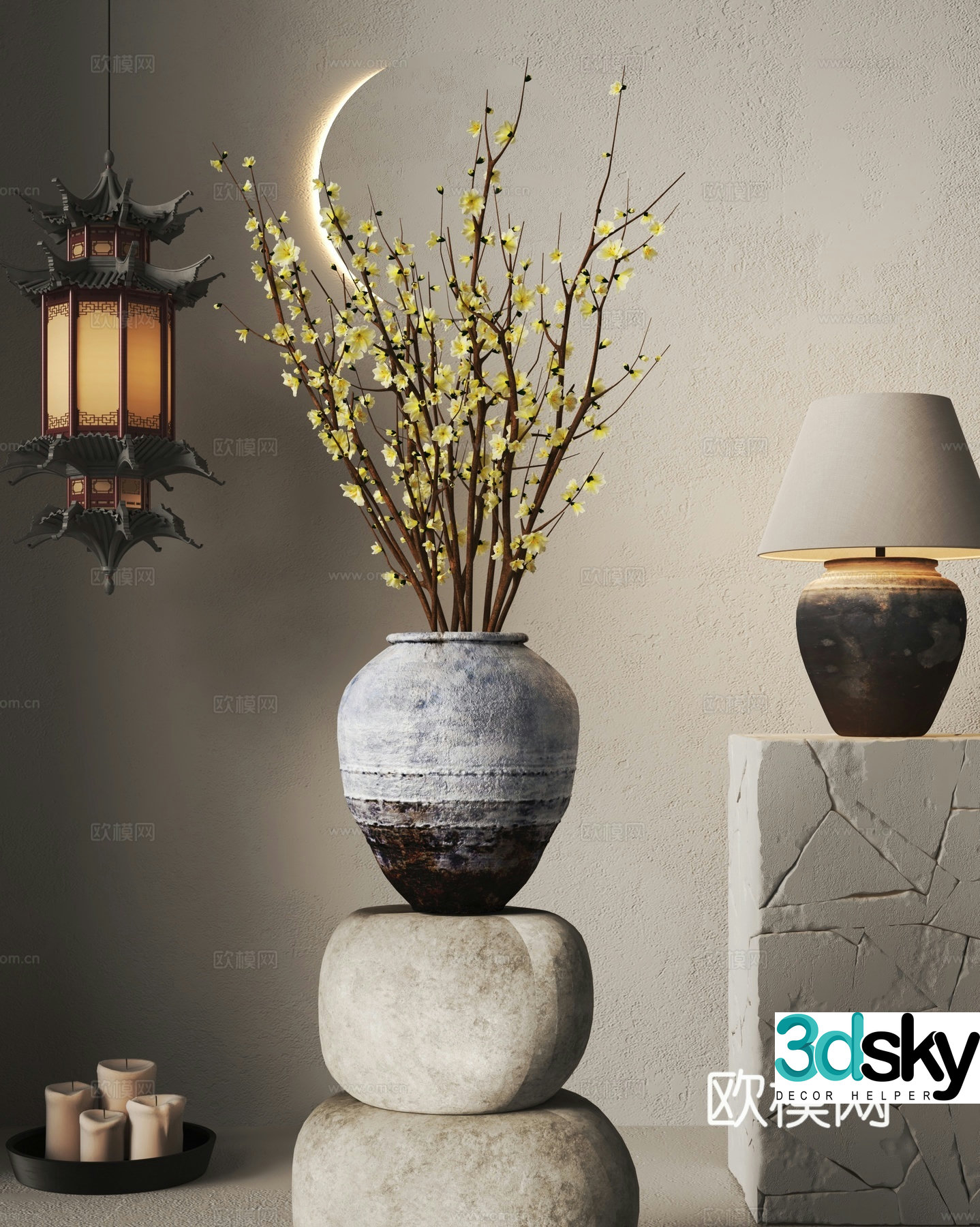 wabi-sabi clay pot vase floral arrangement flower arrangement 3d model