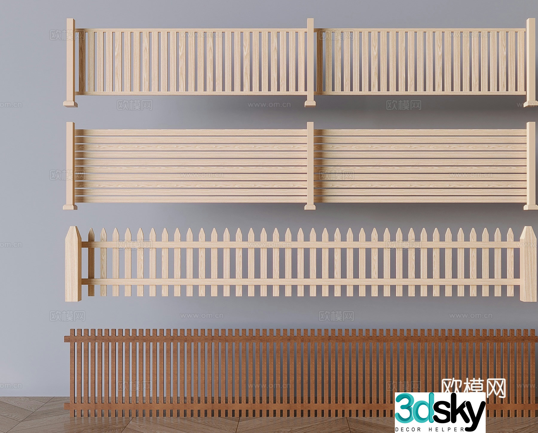 Log fence guardrail louvered railing fence 3d model
