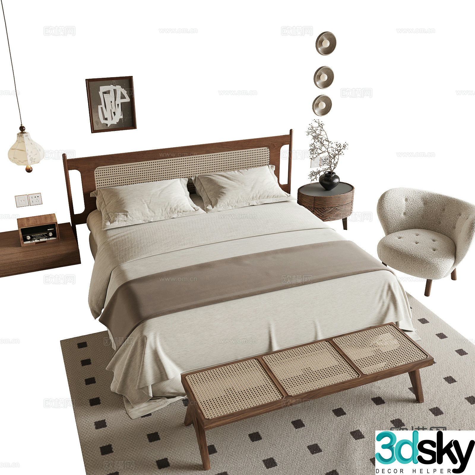Wabi-sabi style double bed 3d model