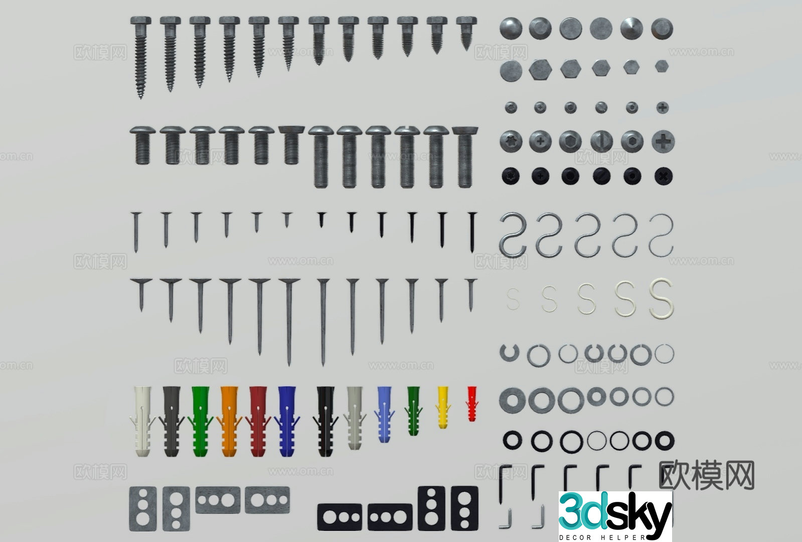 Modern hardware nails bolts nuts screws 3d model