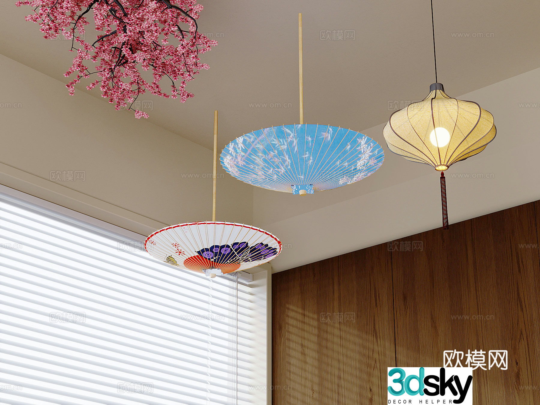Chinese style bamboo umbrella lamp oil paper umbrella lamp 3d model