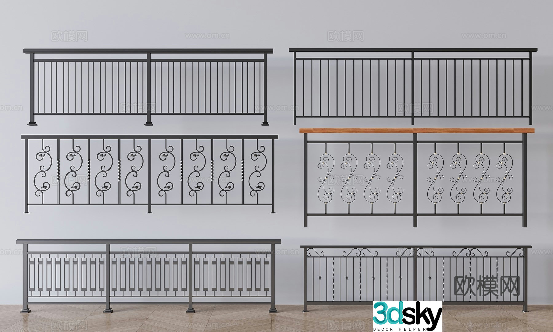 Iron railing fence guardrail carved stair guardrail 3d model