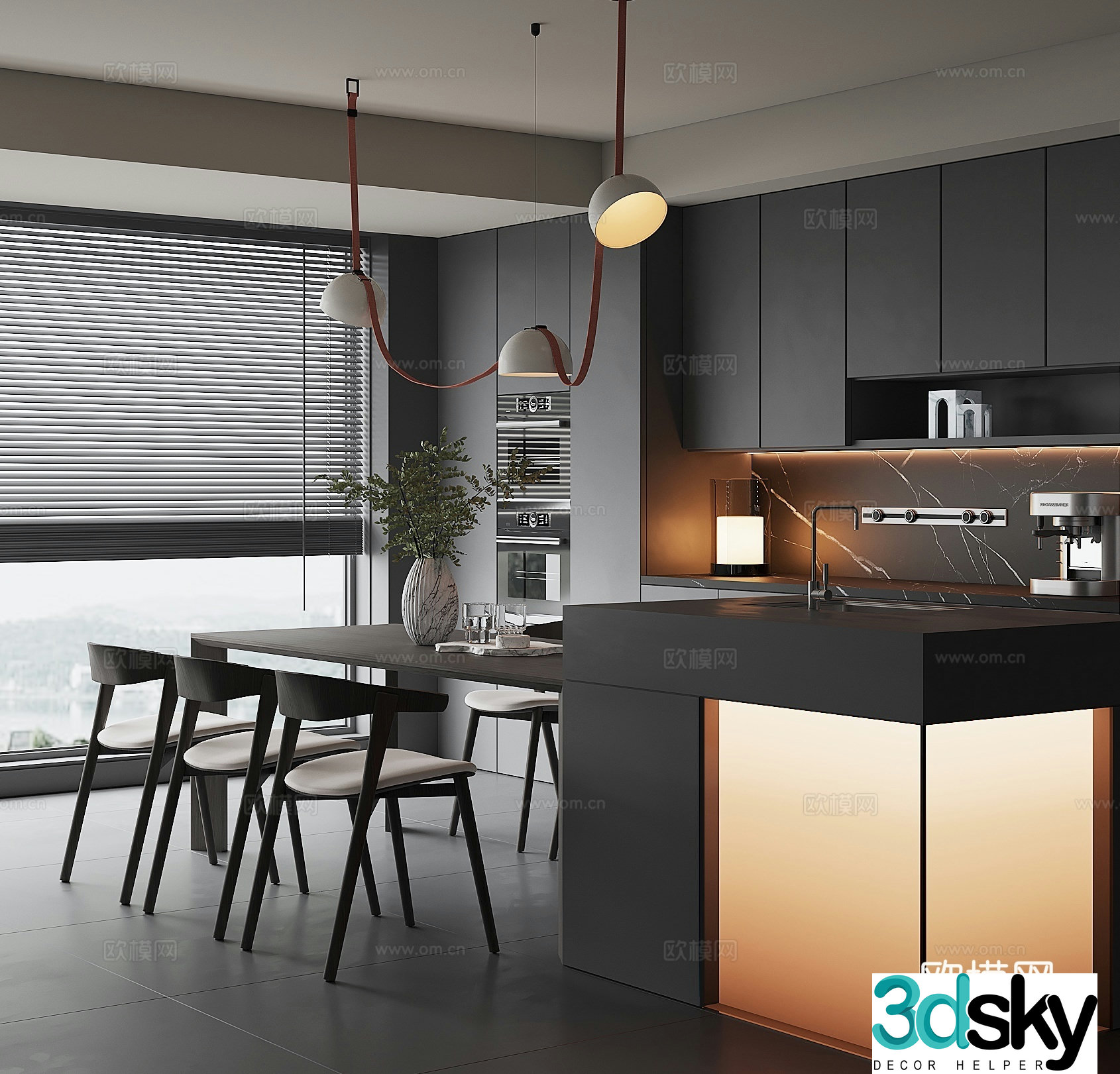 Modern island dining table and chairs 3d model