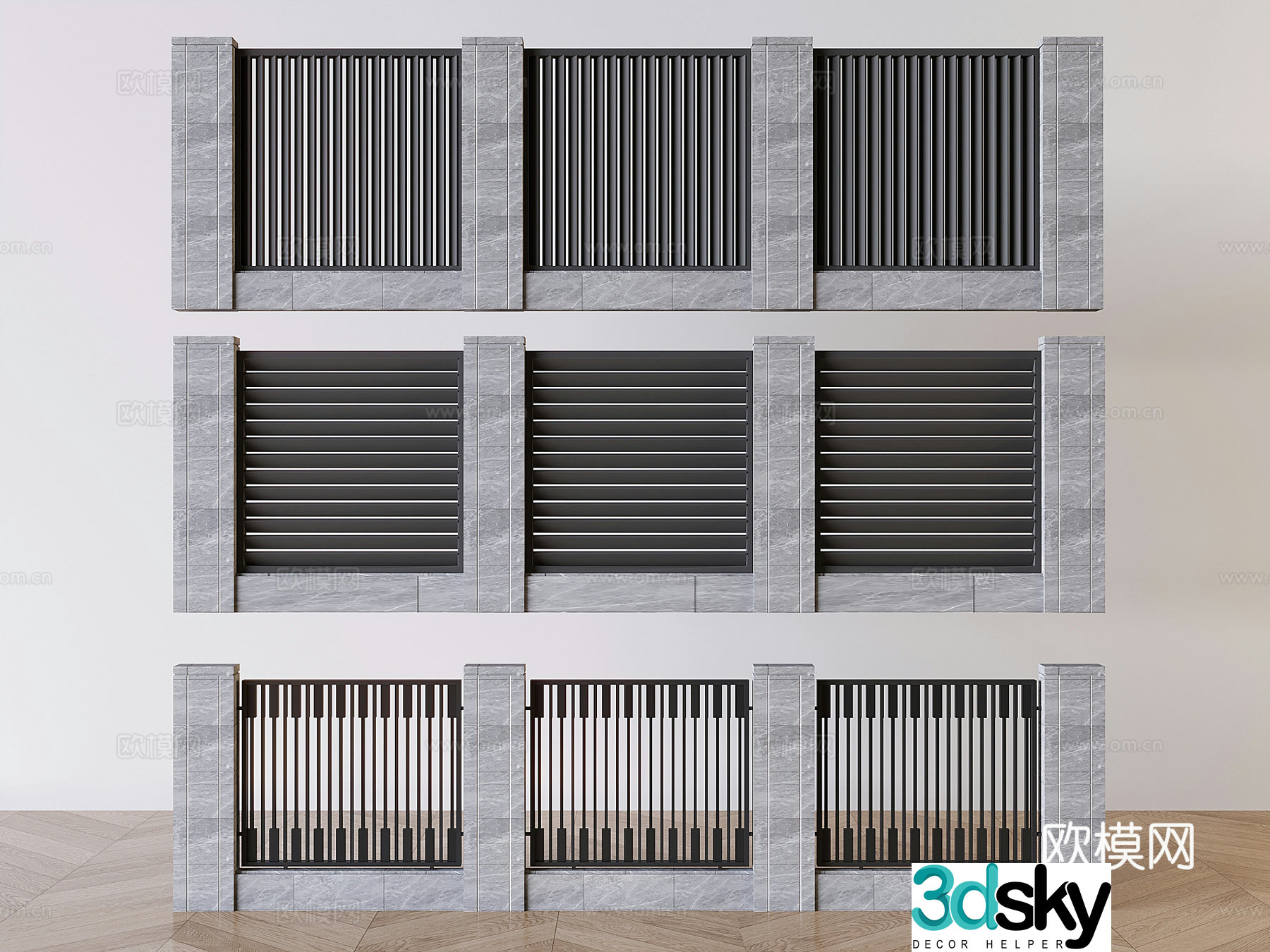 Wrought iron railing fence guardrail louvered stair guardrail 3d model