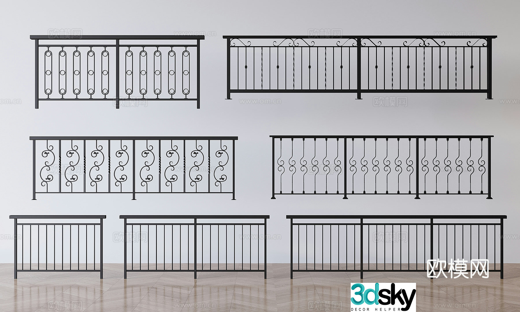 Iron railing fence guardrail carved stair guardrail 3d model