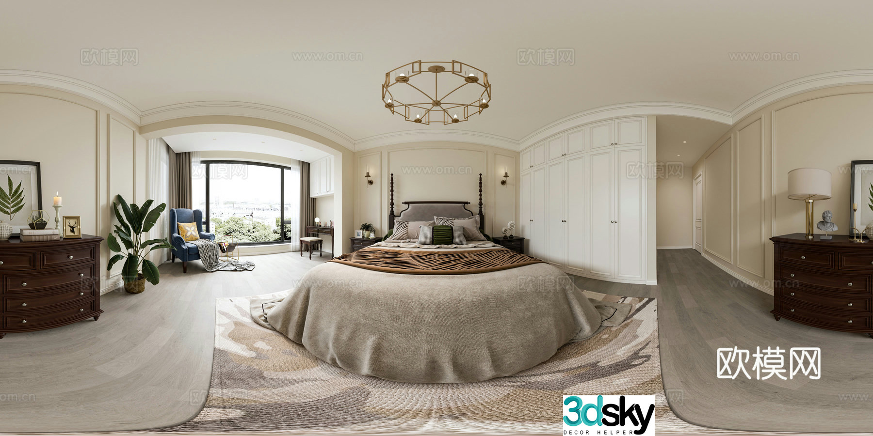 American style bedroom master bedroom vr panoramic 3d model