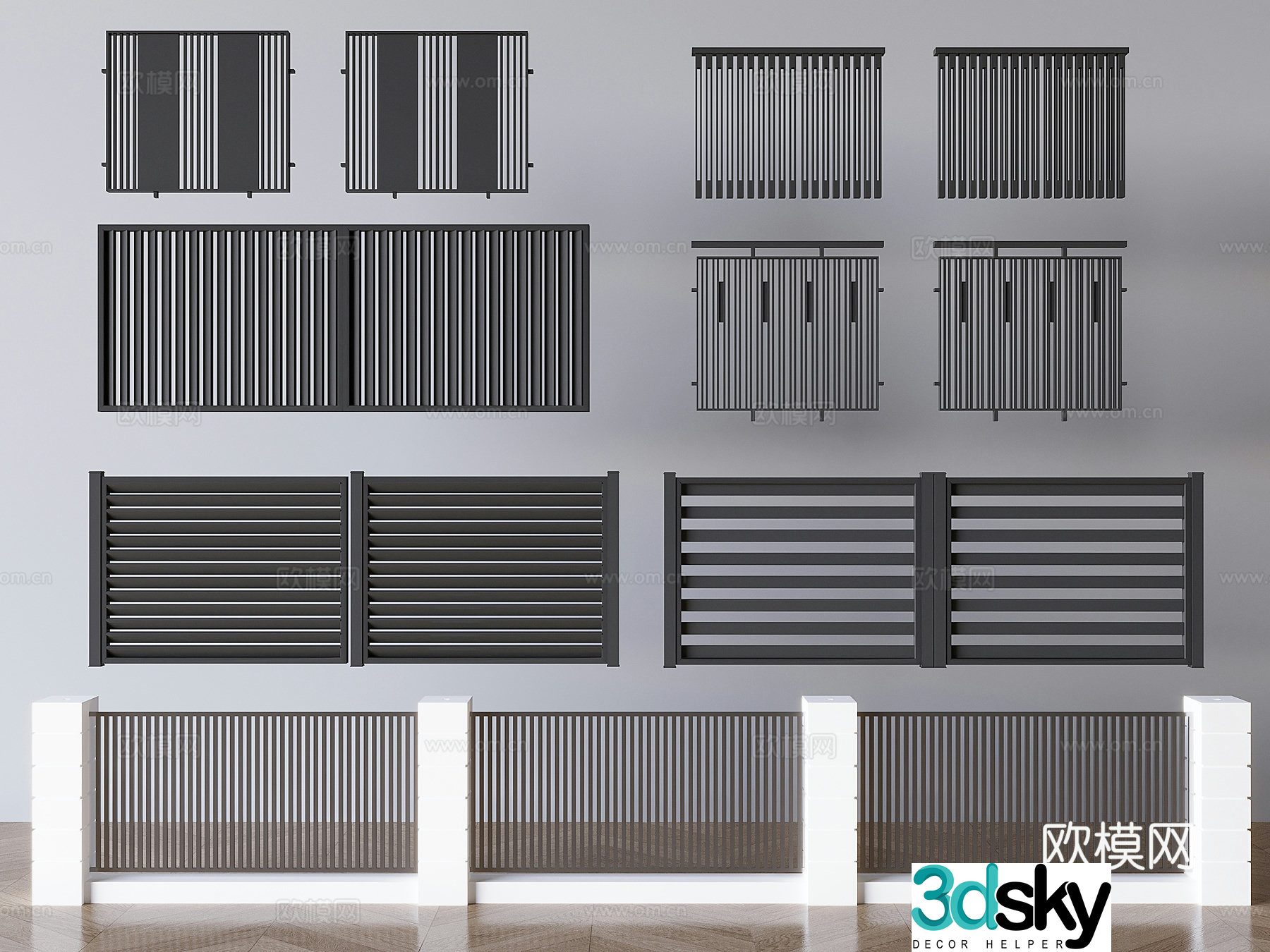 Wrought iron railing fence guardrail louvered stair guardrail 3d model