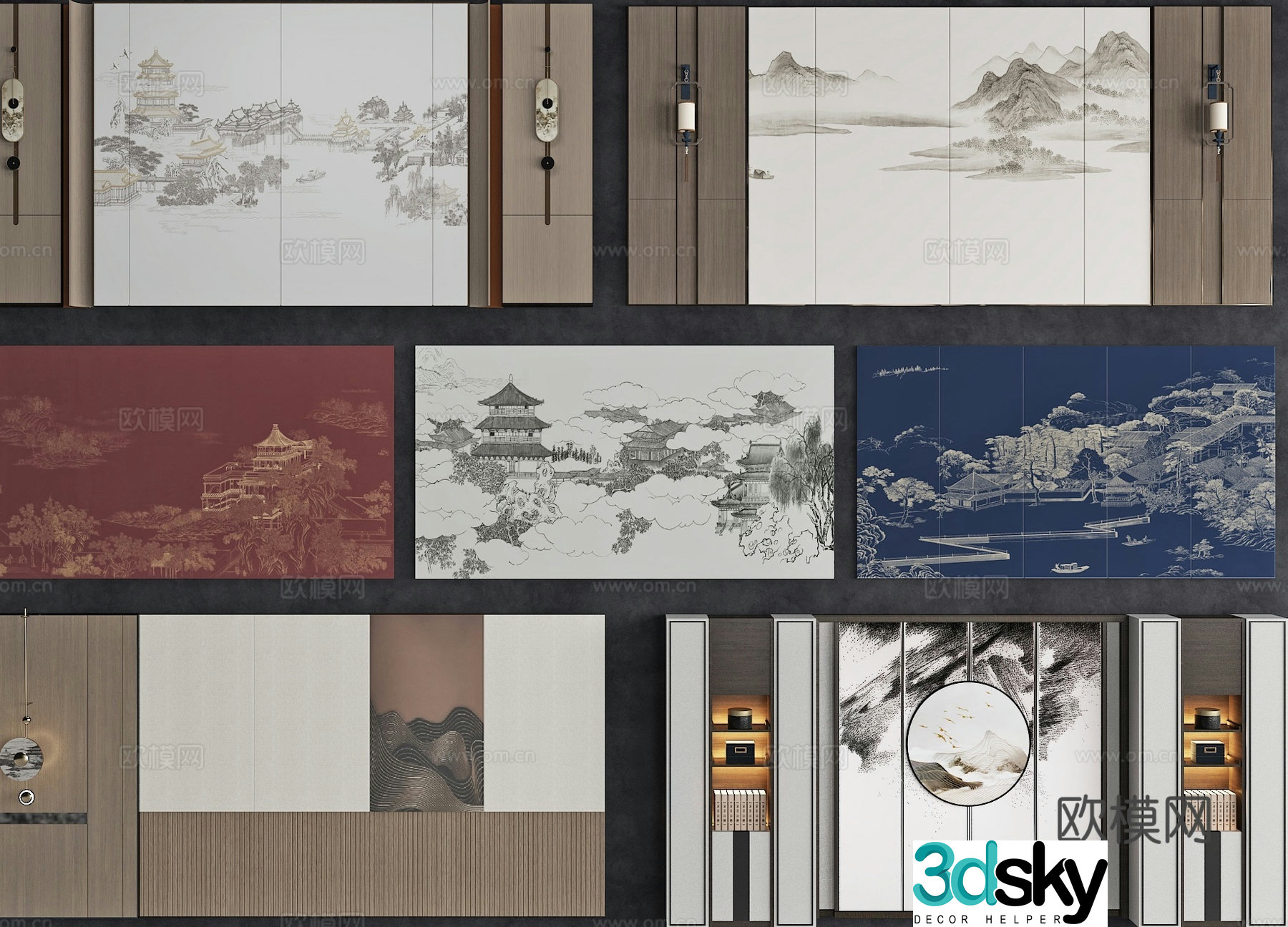 New Chinese style sofa background bedroom background TV background wall 3d model