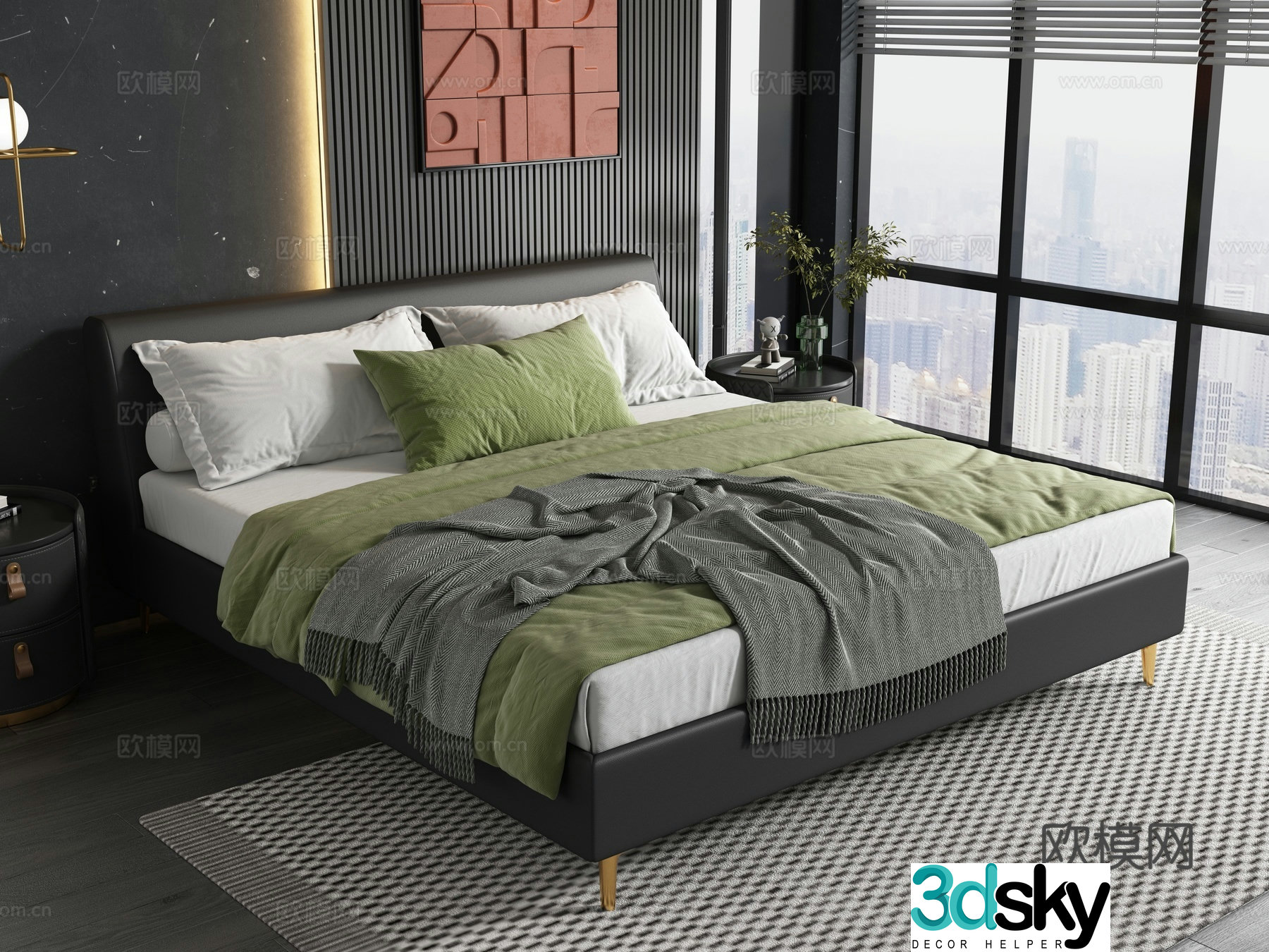 Modern black double bed 3d model