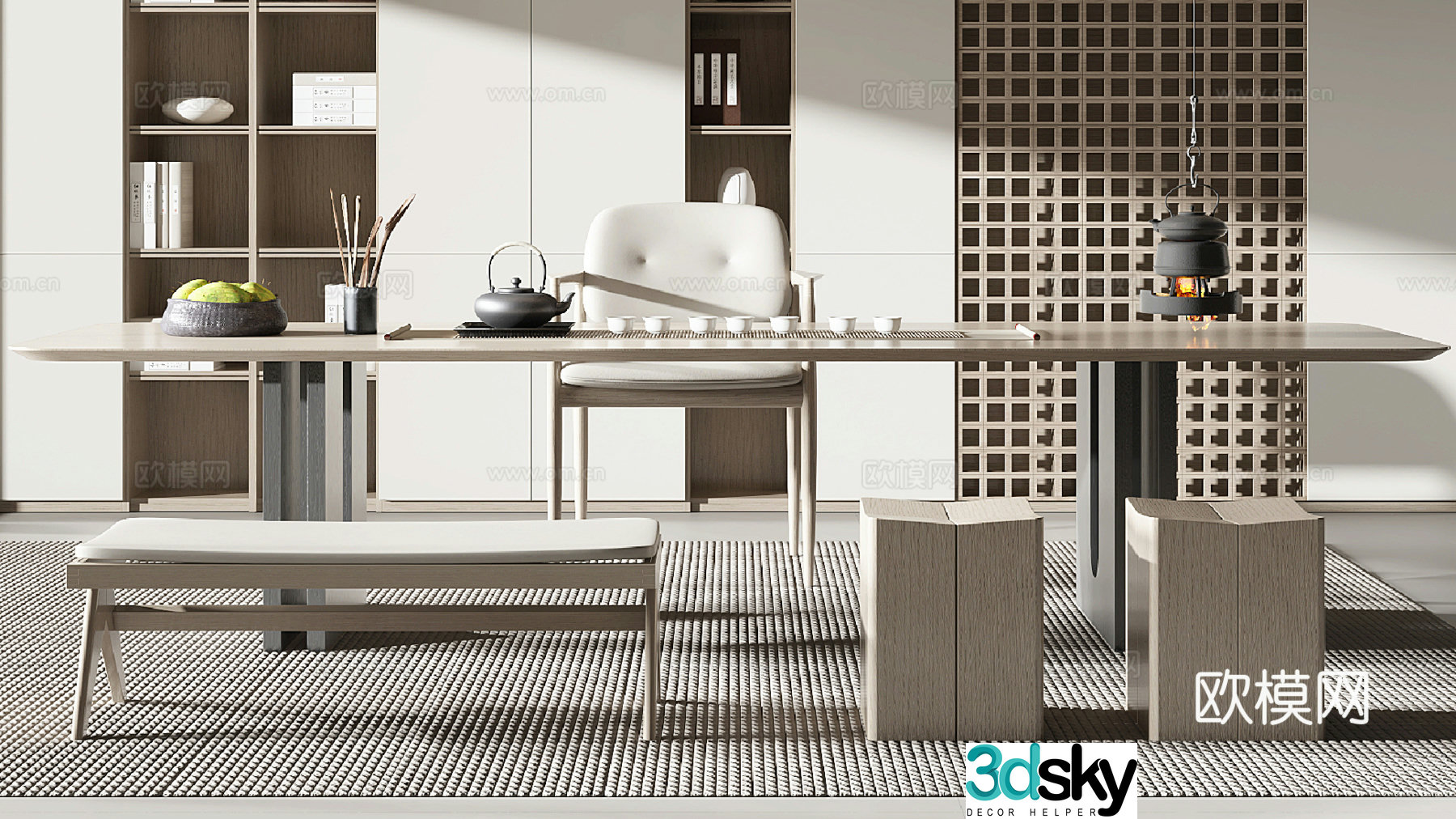 New Chinese tea table and chairs 3d model