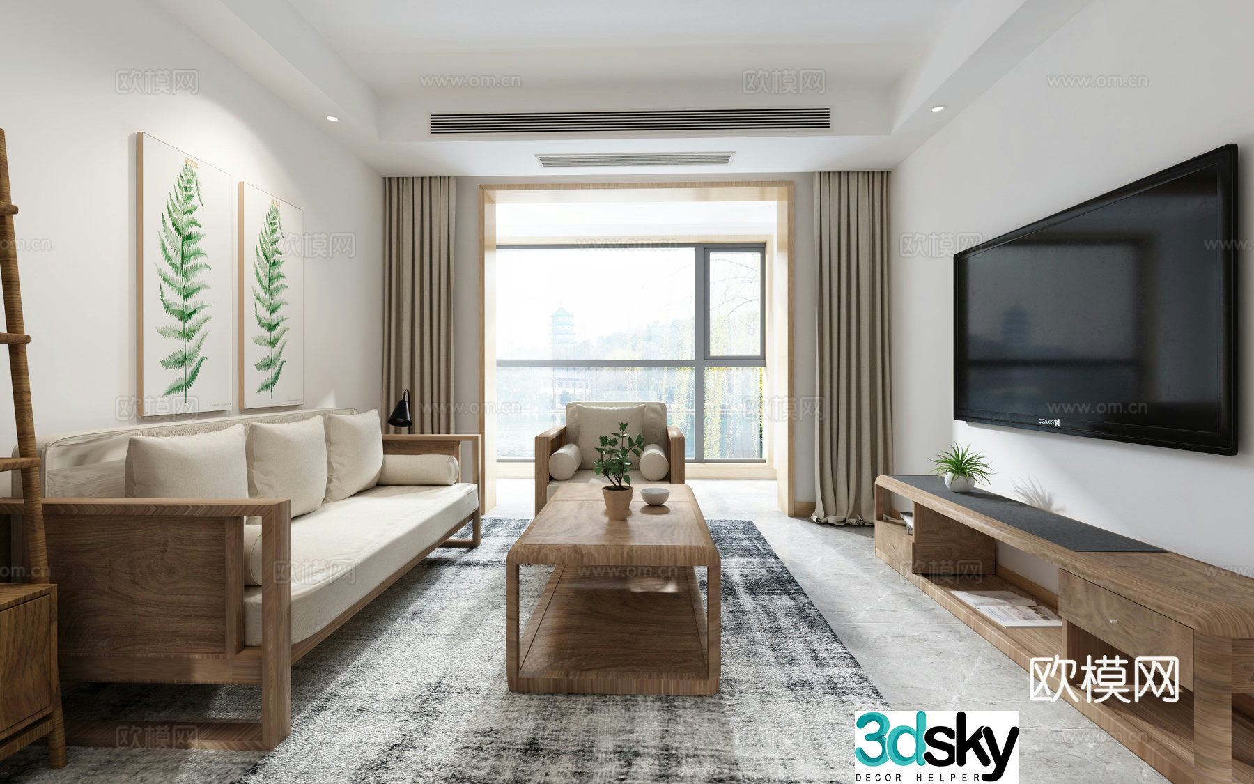 3D model of log style living room
