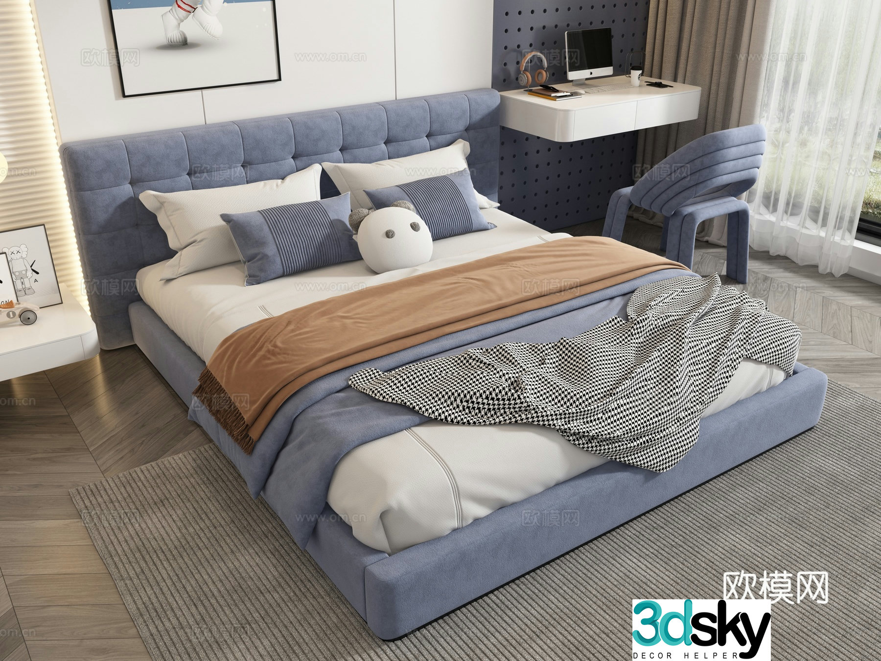 Modern blue double bed 3d model