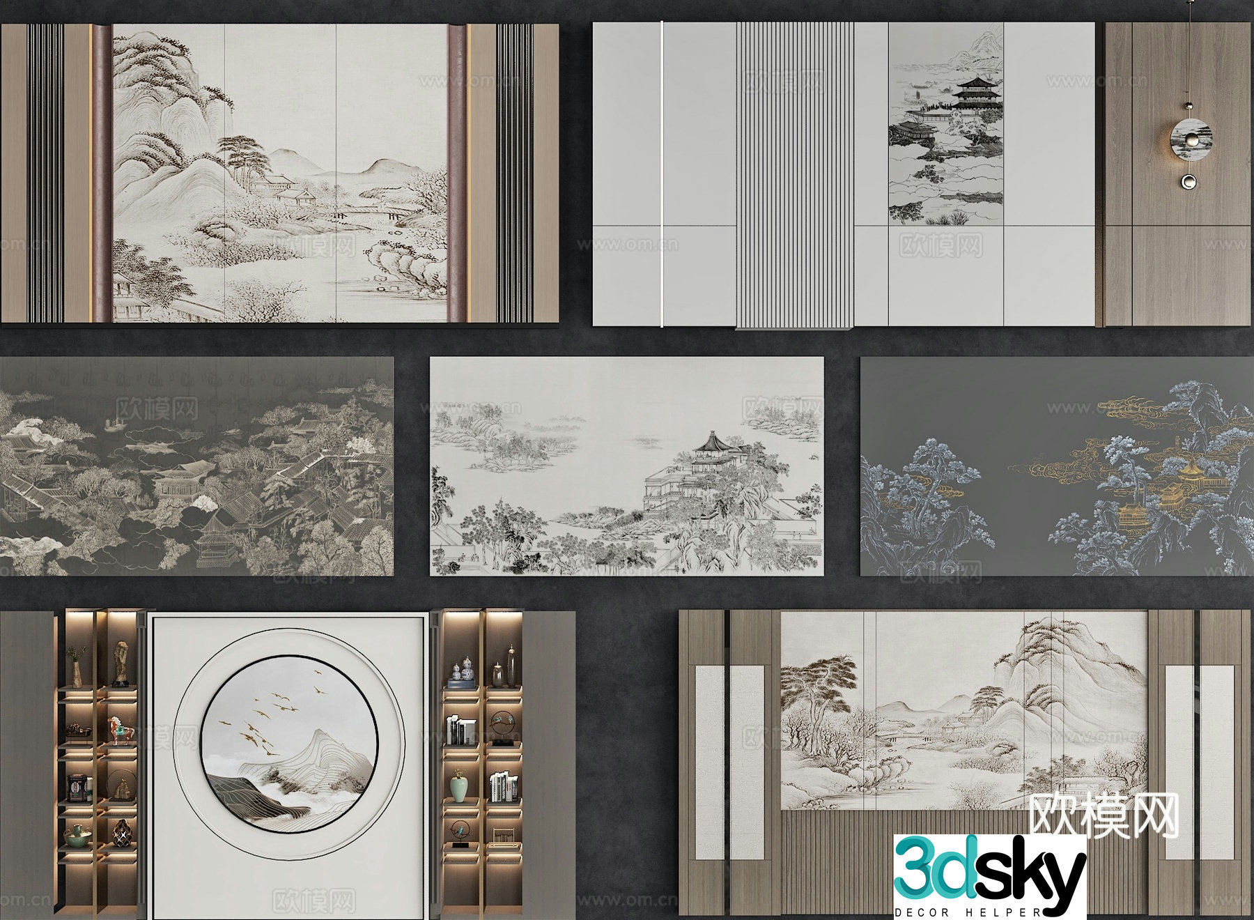 New Chinese style sofa background bedroom background TV background wall 3d model
