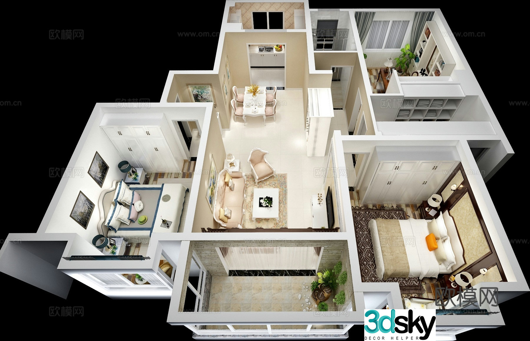 American three-bedroom apartment aerial view 3d model