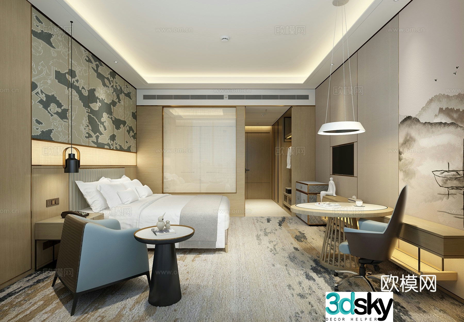 Hotel room double bed room 3d model