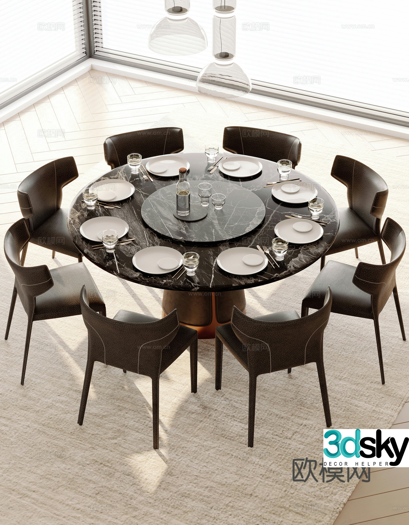 Modern round dining table and chairs 3d model