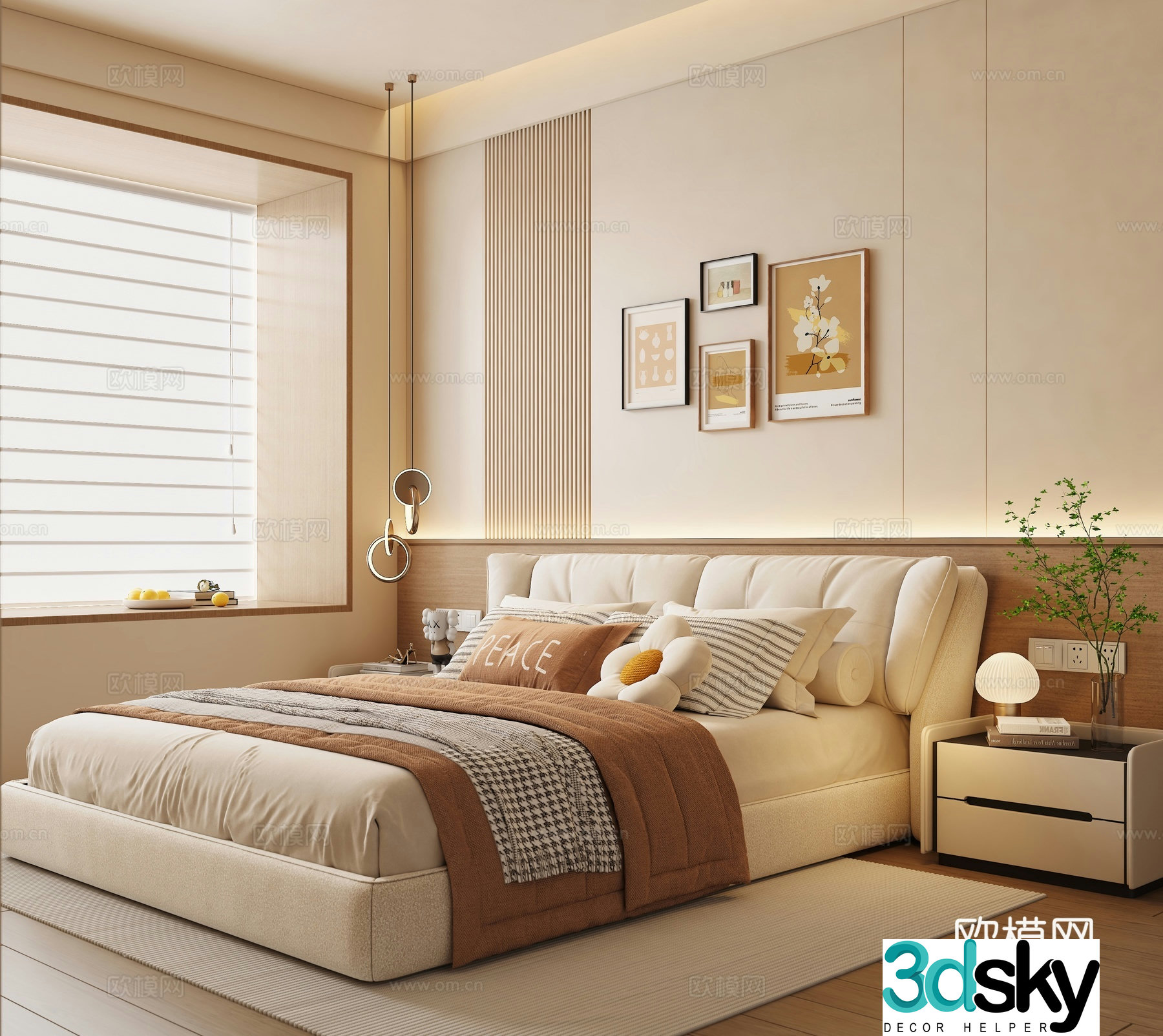 Cream style double bed 3d model