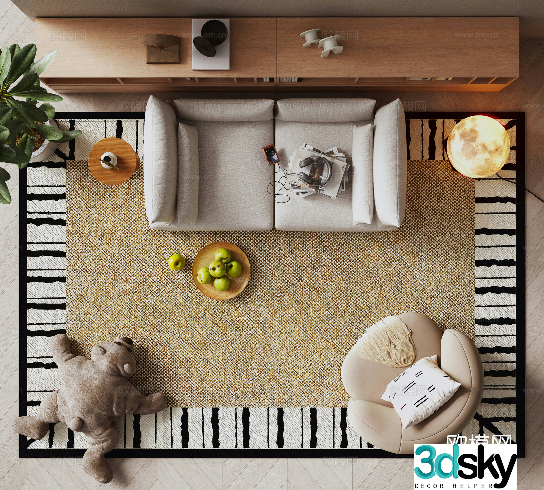 Modern double sofa square carpet green plant potted 3D model