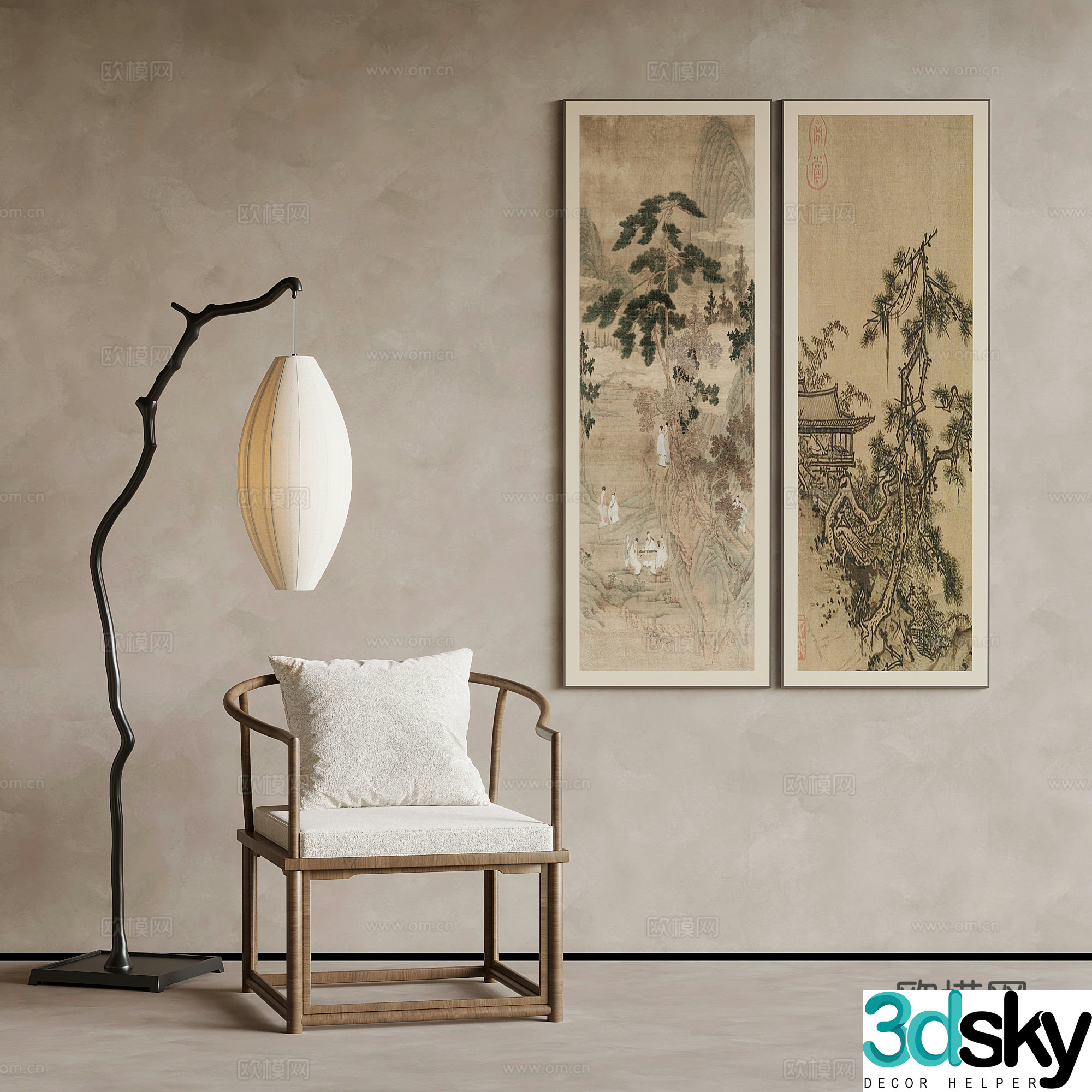 New Chinese style single chair tea chair writing chair decorative painting floor lamp 3D model