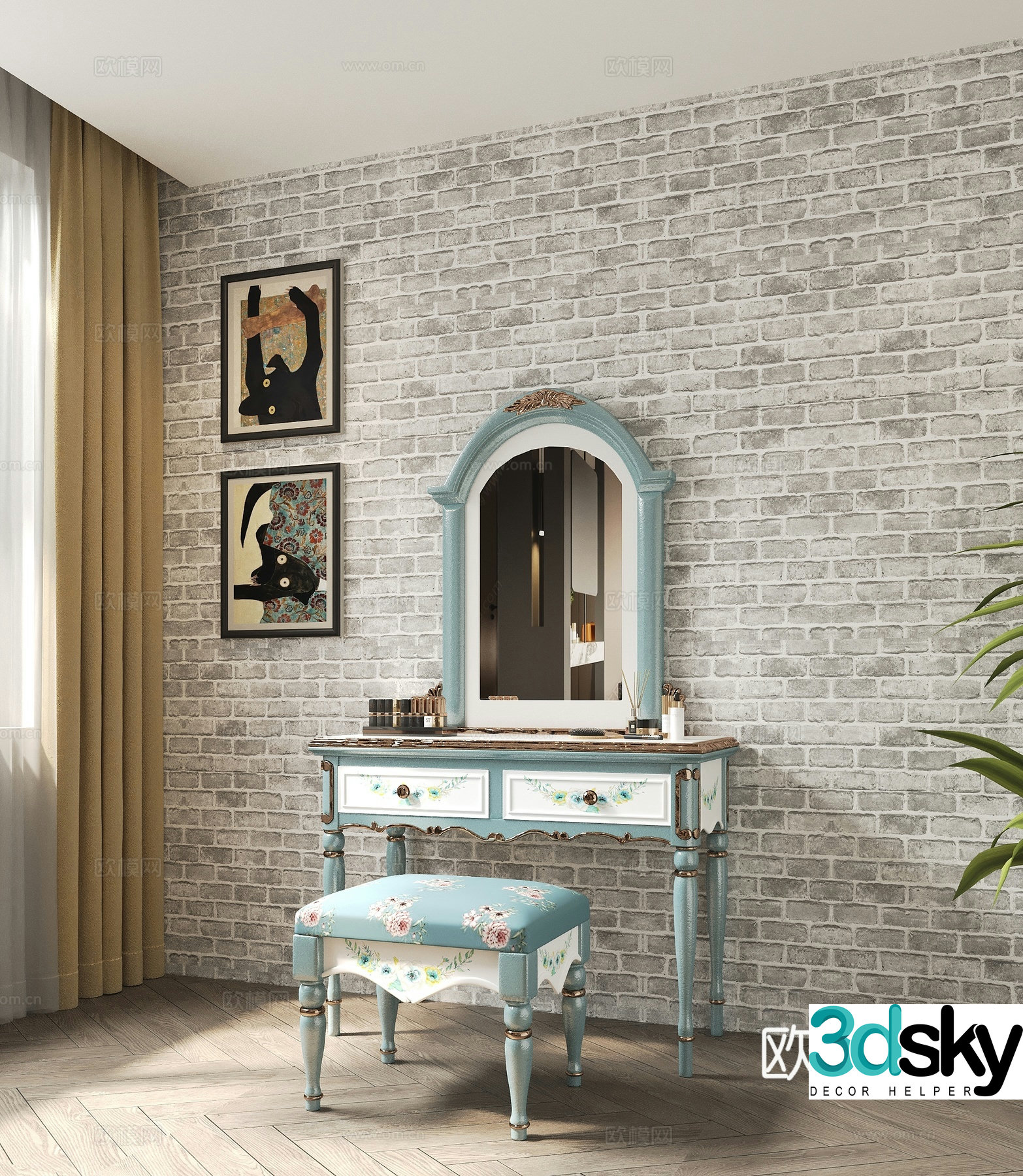 American retro style dressing table and makeup stool 3D model