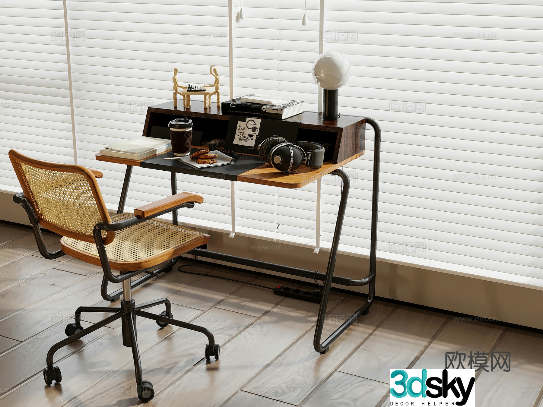 Medieval style desk computer desk rattan book chair 3D model