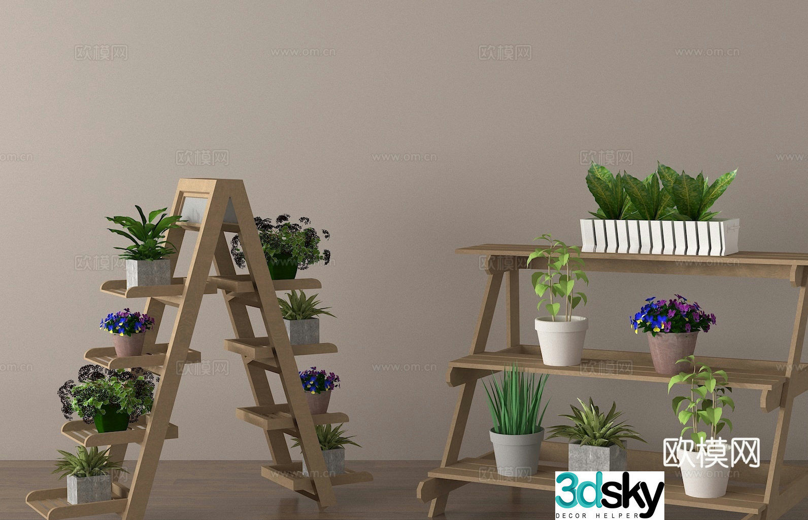 Solid wood flower stand trapezoidal flower stand green plant potted plant 3D model