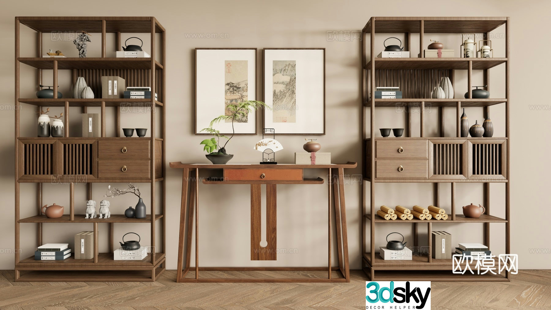 New Chinese style Zen book rack solid wood strip 3D model