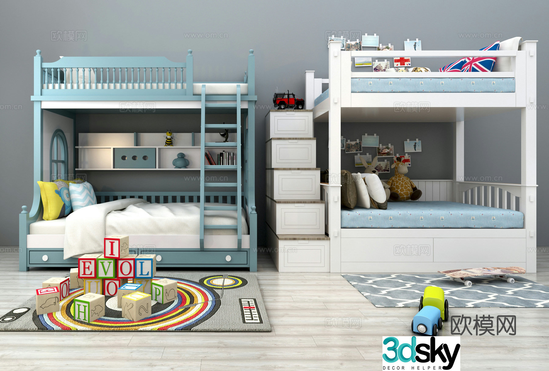 Nordic children getting on and off the bed 3d model