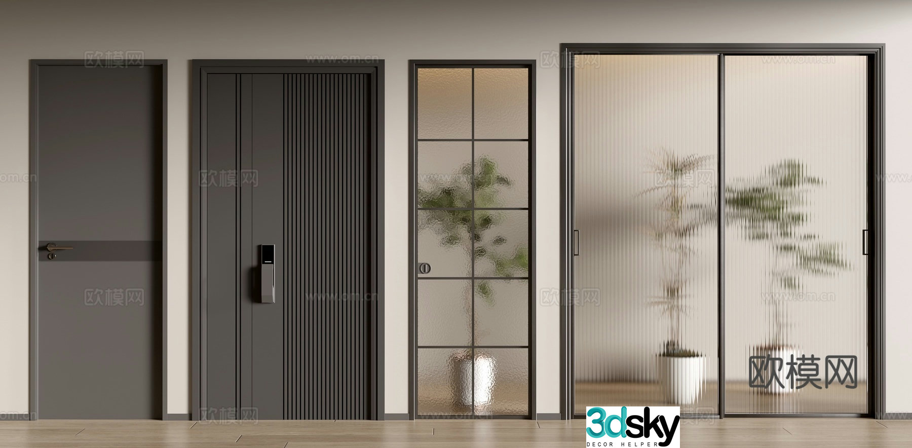 Modern single door bedroom door room door glass door 3d model