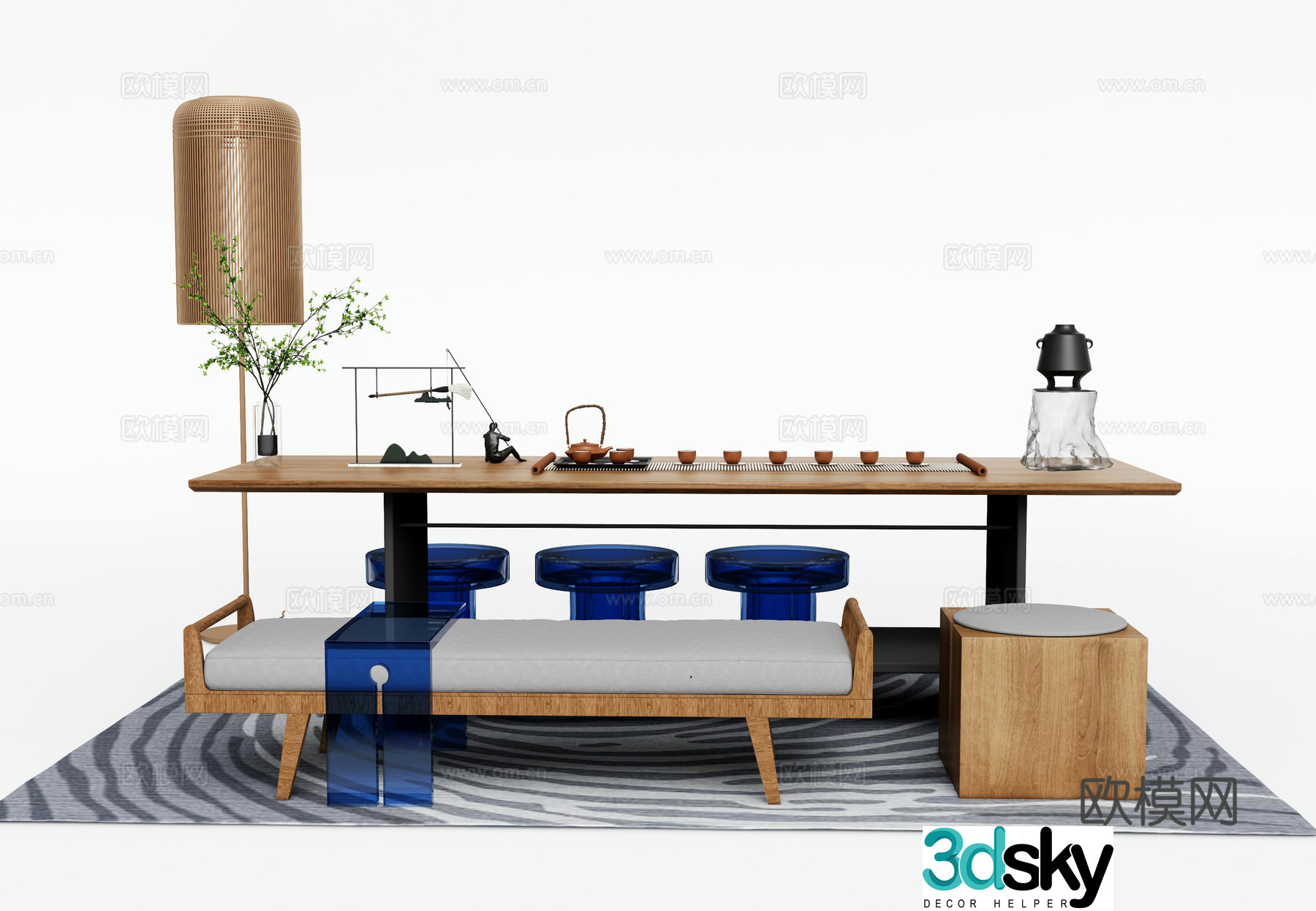 Modern tea table and chairs tea table long table 3d model